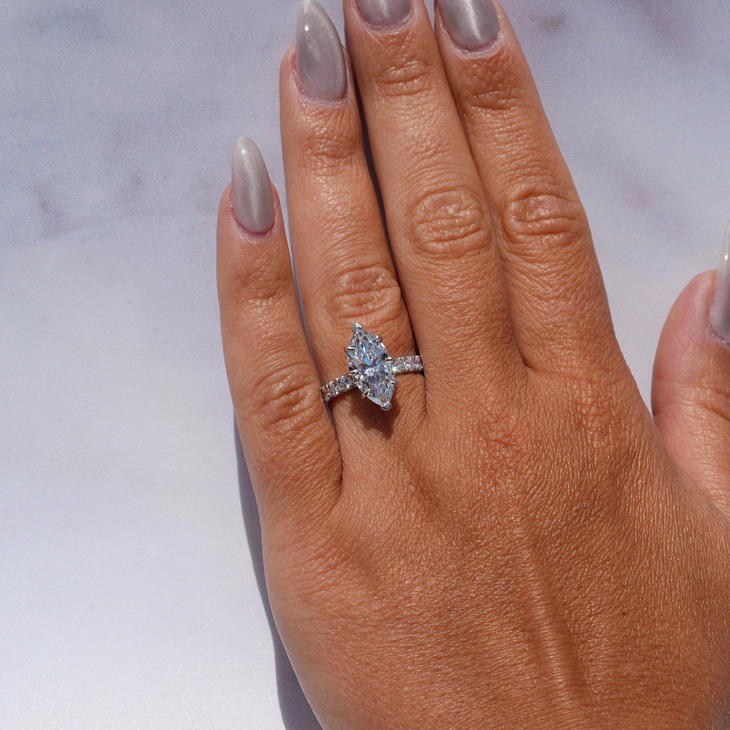3ct Marquise Cut Diamond Engagement Ring with Diamond Band in Platinum –Hand View | Eighty8Diamonds