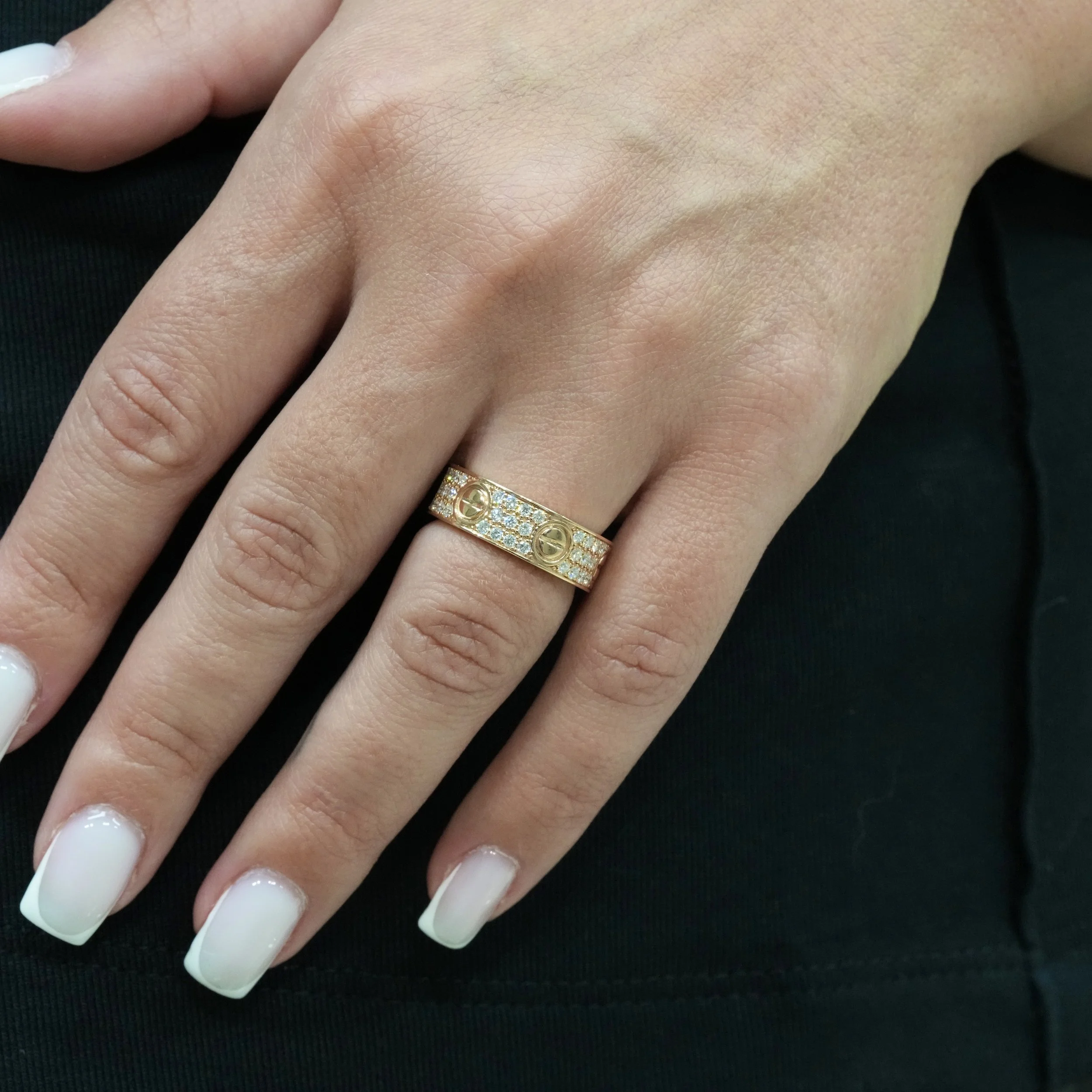 Women's Love Design Pave Classic Model Ring in 18ct Rose Gold with 0.70ct Lab Grown Diamonds – Hand View | Eighty8Diamonds