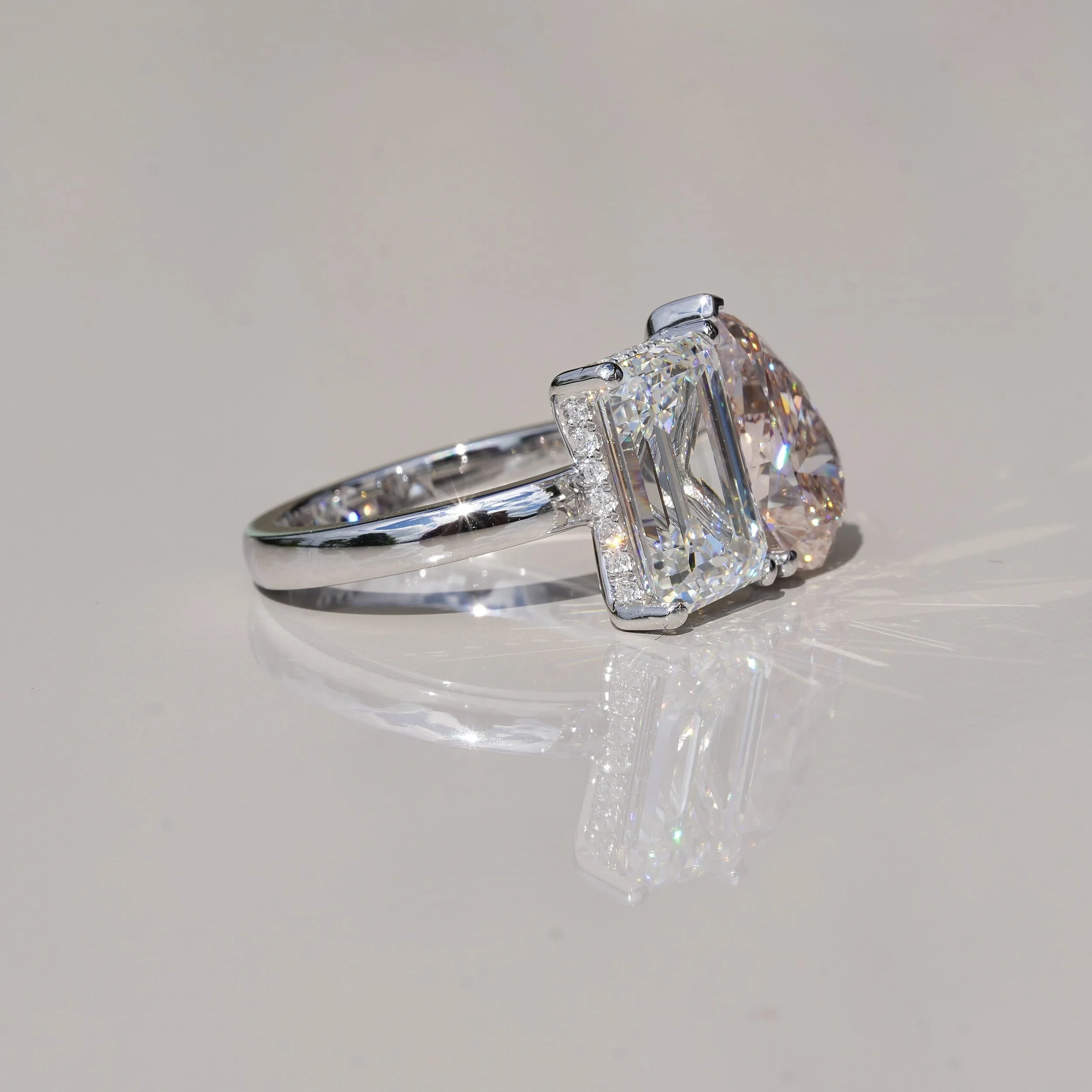 Toi et Moi Ring with 3.5ct Fancy Vivid Pink Pear Cut Diamond and 4.0ct Emerald Cut Diamond with Hidden Halo in Platinum, Total Carat Weight 7.70ct – Back View | Eighty8Diamonds
