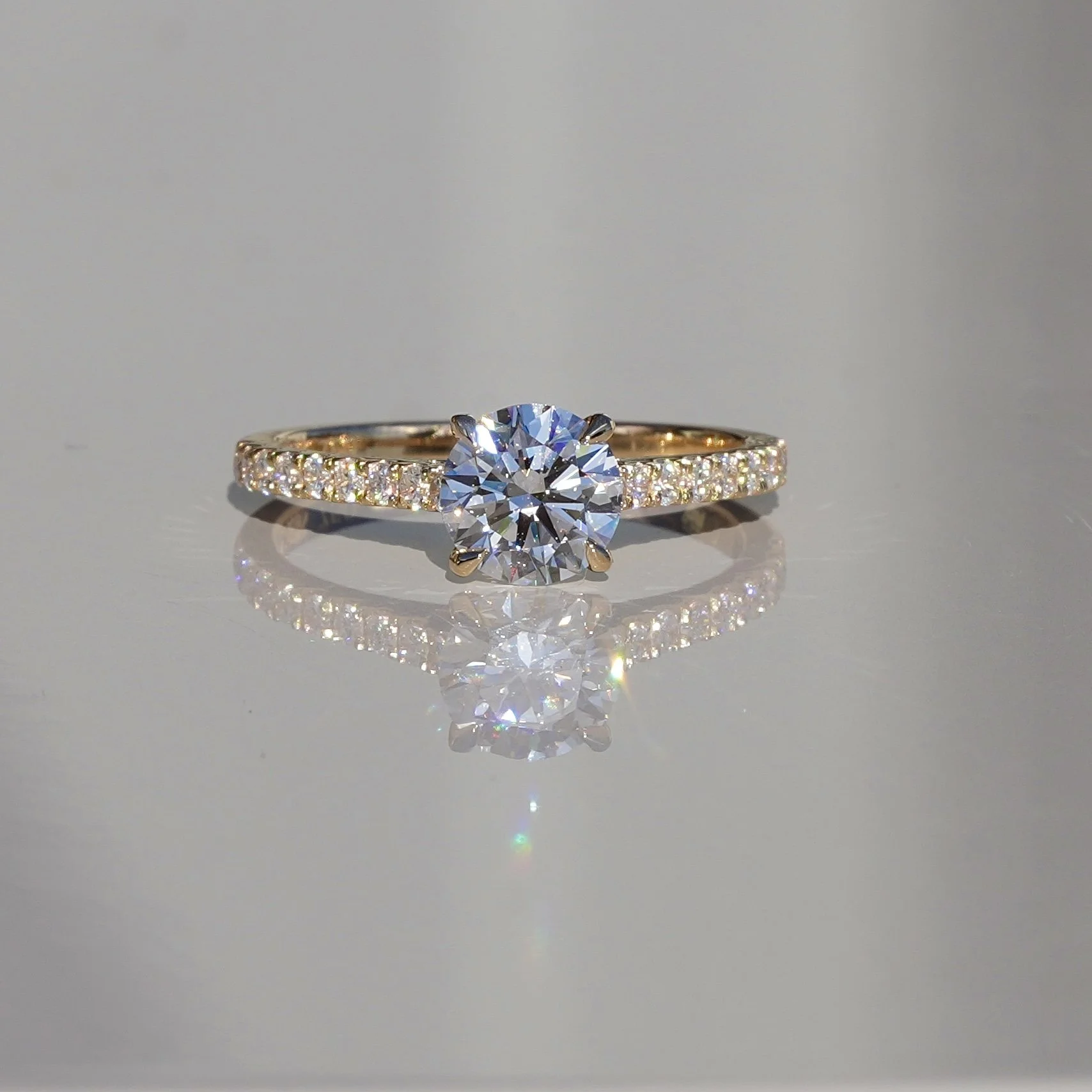 1ct Round Brilliant Cut Diamond Engagement Ring with Diamond Band in 18ct Yellow Gold –Front View | Eighty8Diamonds