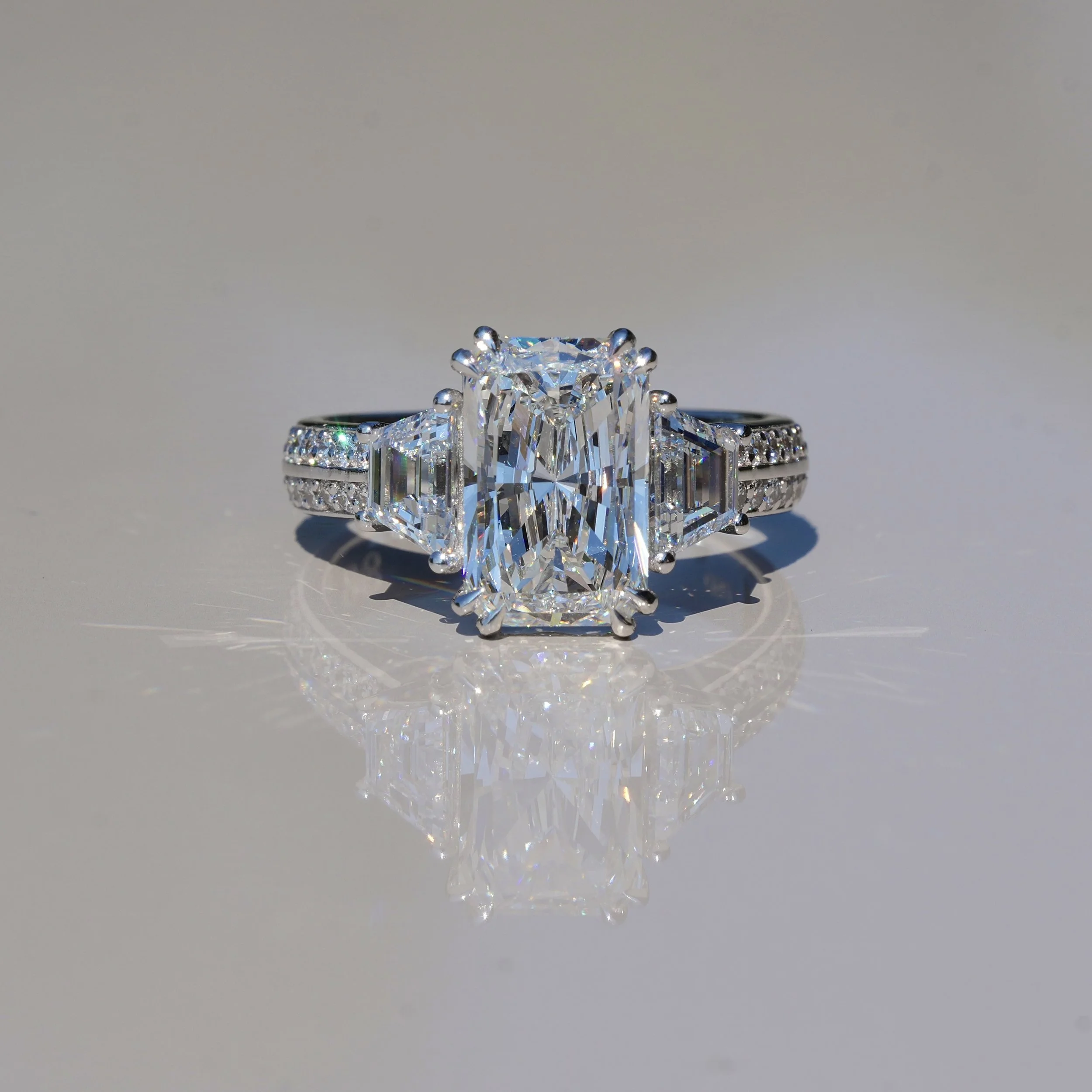 3.00ct Radiant Cut Diamond Ring with Trapezoid Side Stones | IGI Certified | 18ct White Gold