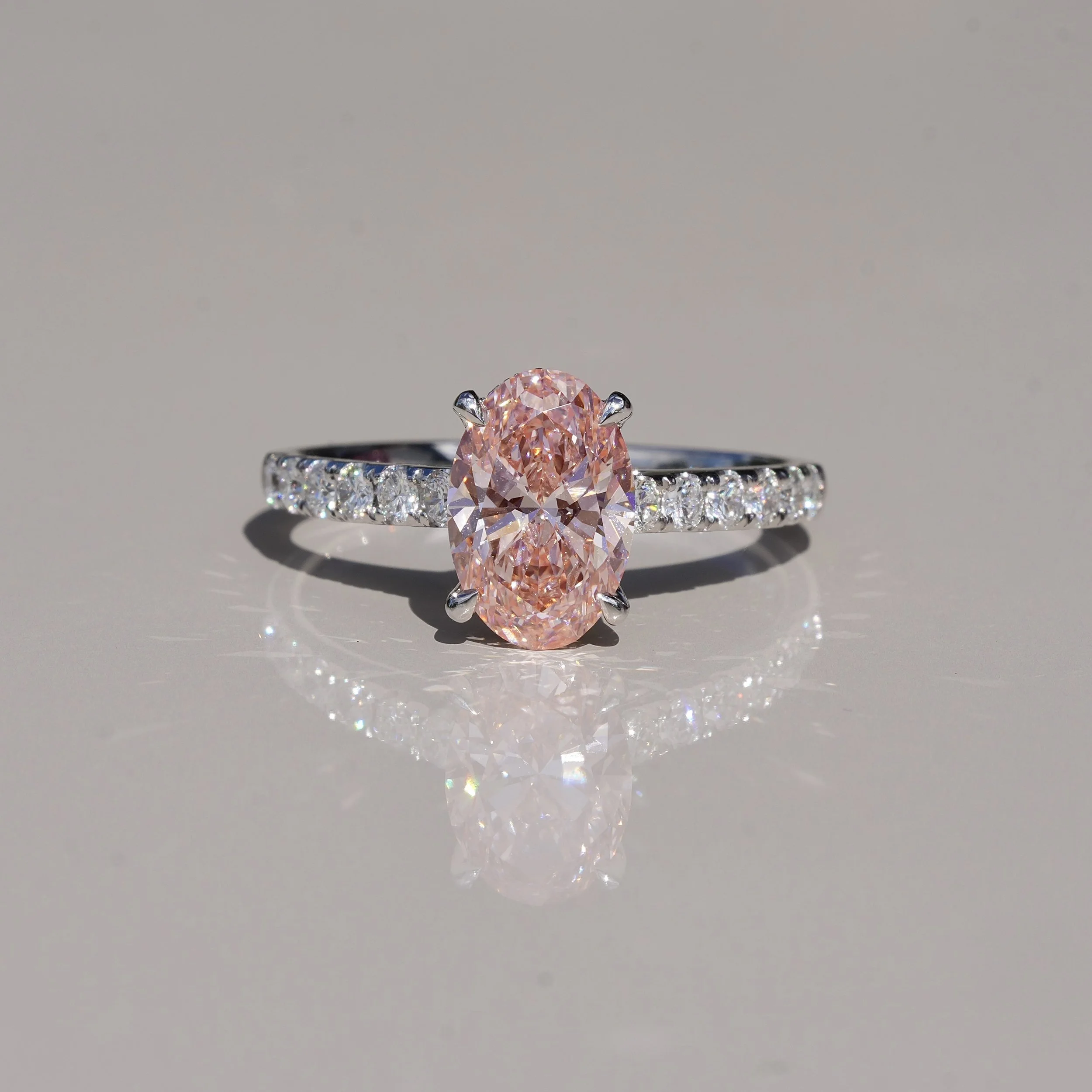 2.00ct Fancy Vivid Pink Oval Cut Diamond Ring | Pavé Setting | IGI Certified | Platinum
