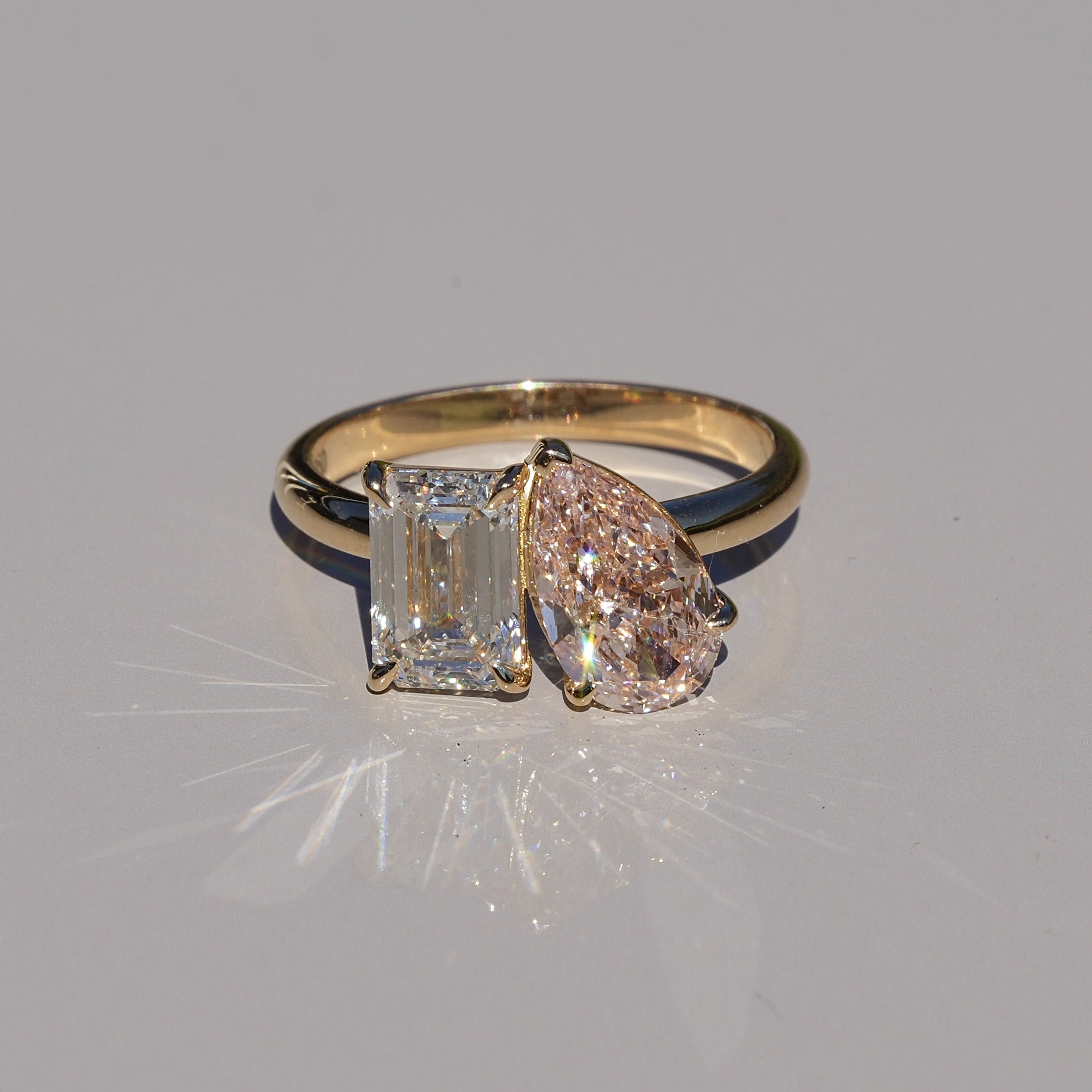 3.00ct Toi et Moi Ring - Emerald Cut Diamond & Fancy Intense Pink Pear Diamond | 18K Yellow Gold