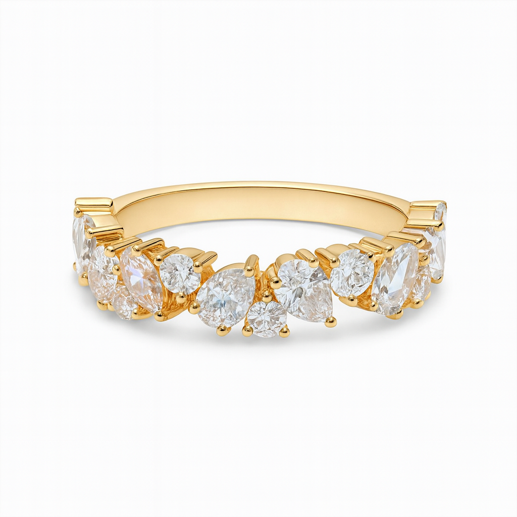 Half Eternity Wedding Ring with Pear and Round Cut Diamonds in 18ct Yellow Gold, Total Carat Weight 2ct – Front View | Eighty8Diamonds