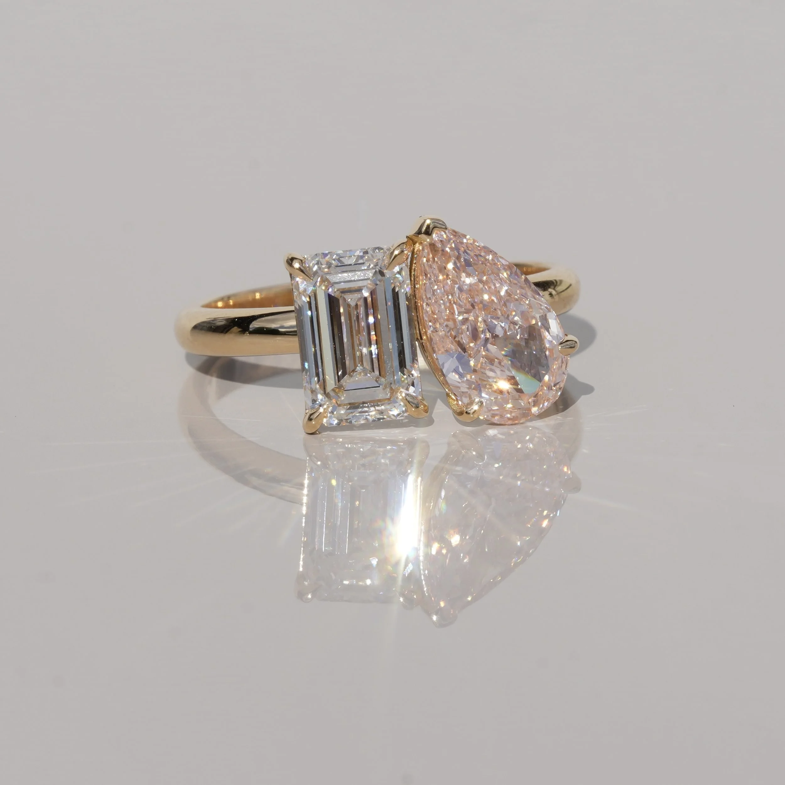 Toi et Moi Ring with 1.5ct Fancy Intense Pink Pear Cut Diamond and 1.5ct Emerald Cut Diamond in 18ct Yellow Gold, Total Carat Weight 3ct – Box View | Eighty8Diamonds