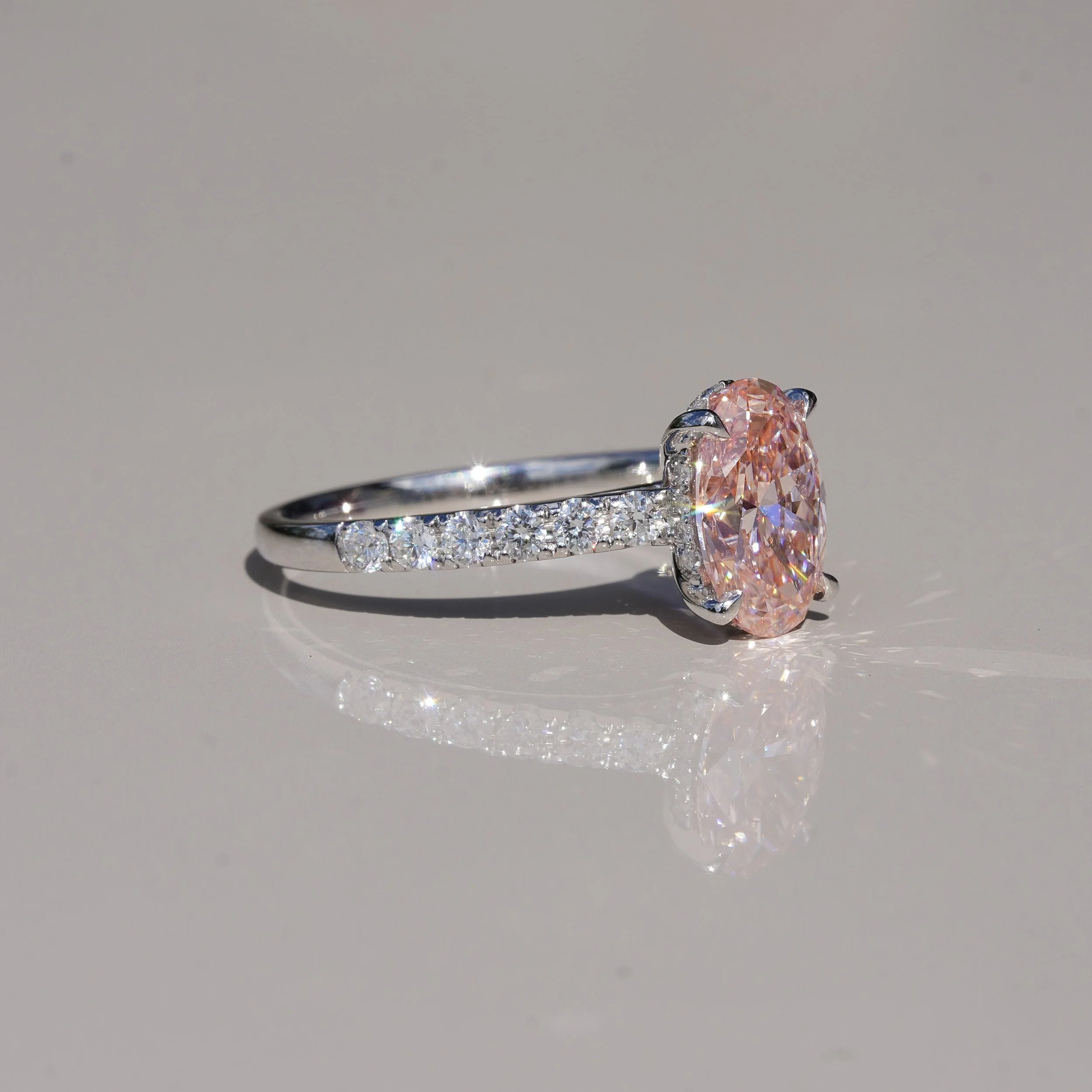 2ct Fancy Vivid Pink Oval Cut Diamond Engagement Ring with Diamond Band in Platinum –Back View | Eighty8Diamonds
