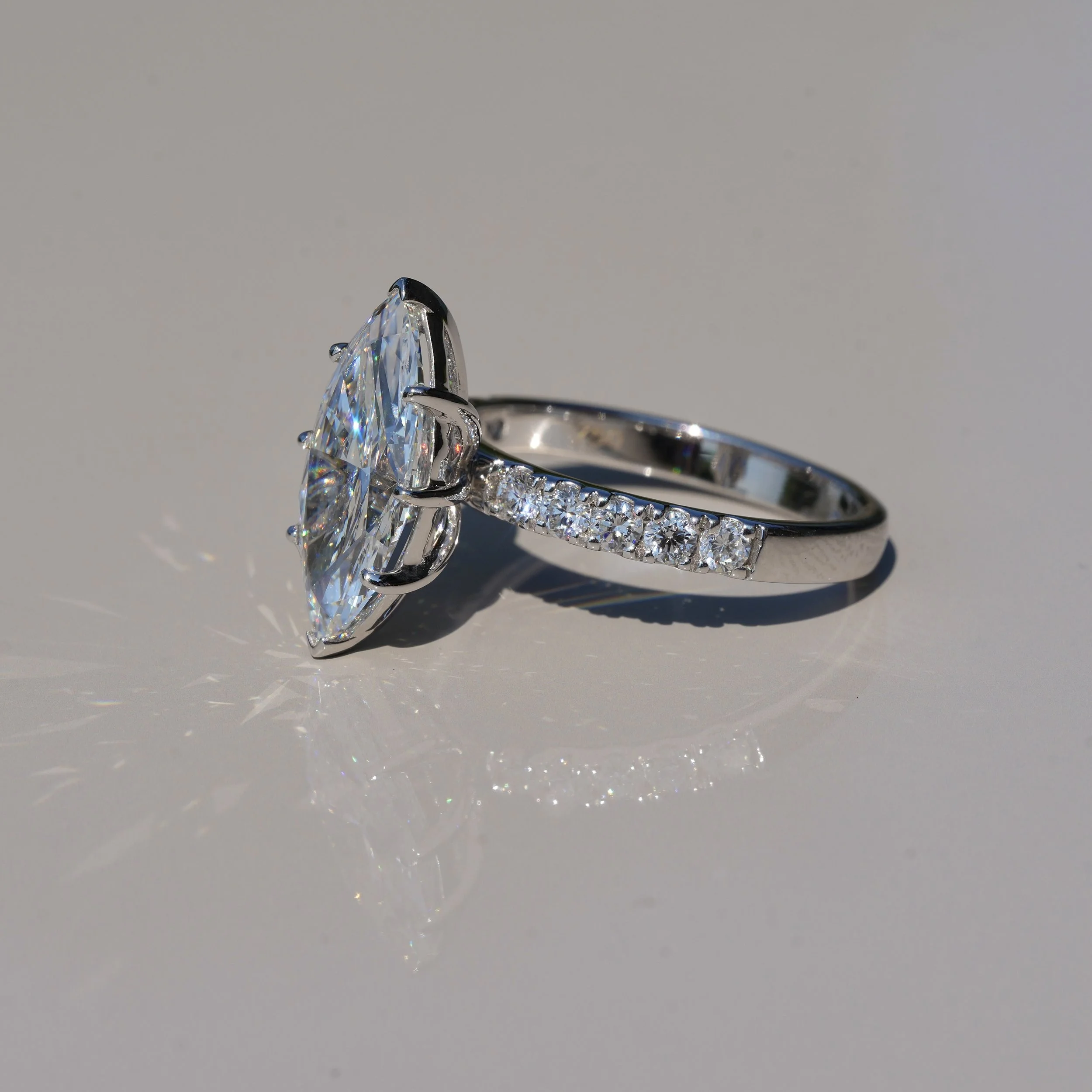3ct Marquise Cut Diamond Engagement Ring with Diamond Band in 18ct White Gold – Front View | Eighty8Diamonds