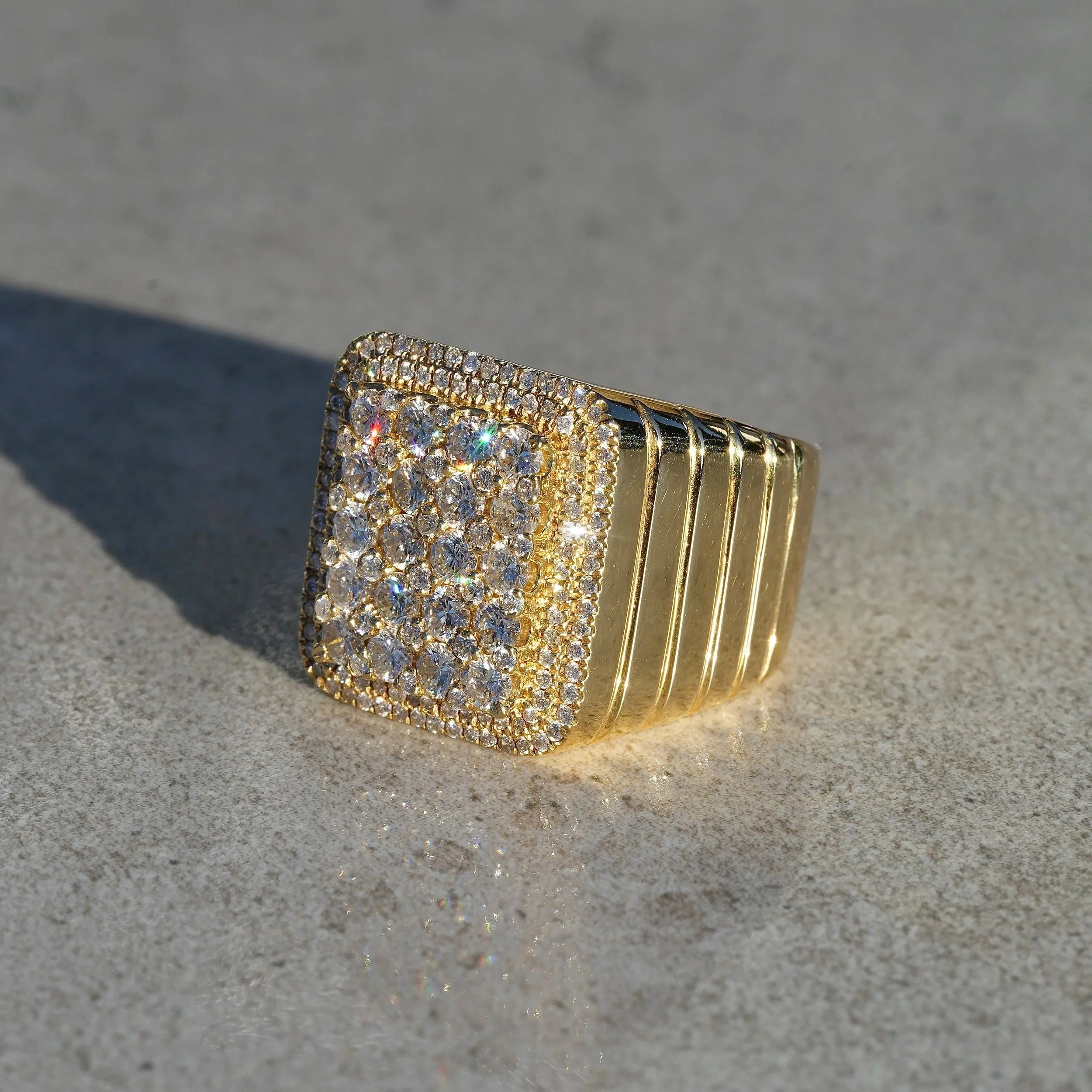 Men's Pave Diamond Square Ring in 18ct Yellow Gold with 2.60ct Natural Diamonds – Side View | Eighty8Diamonds