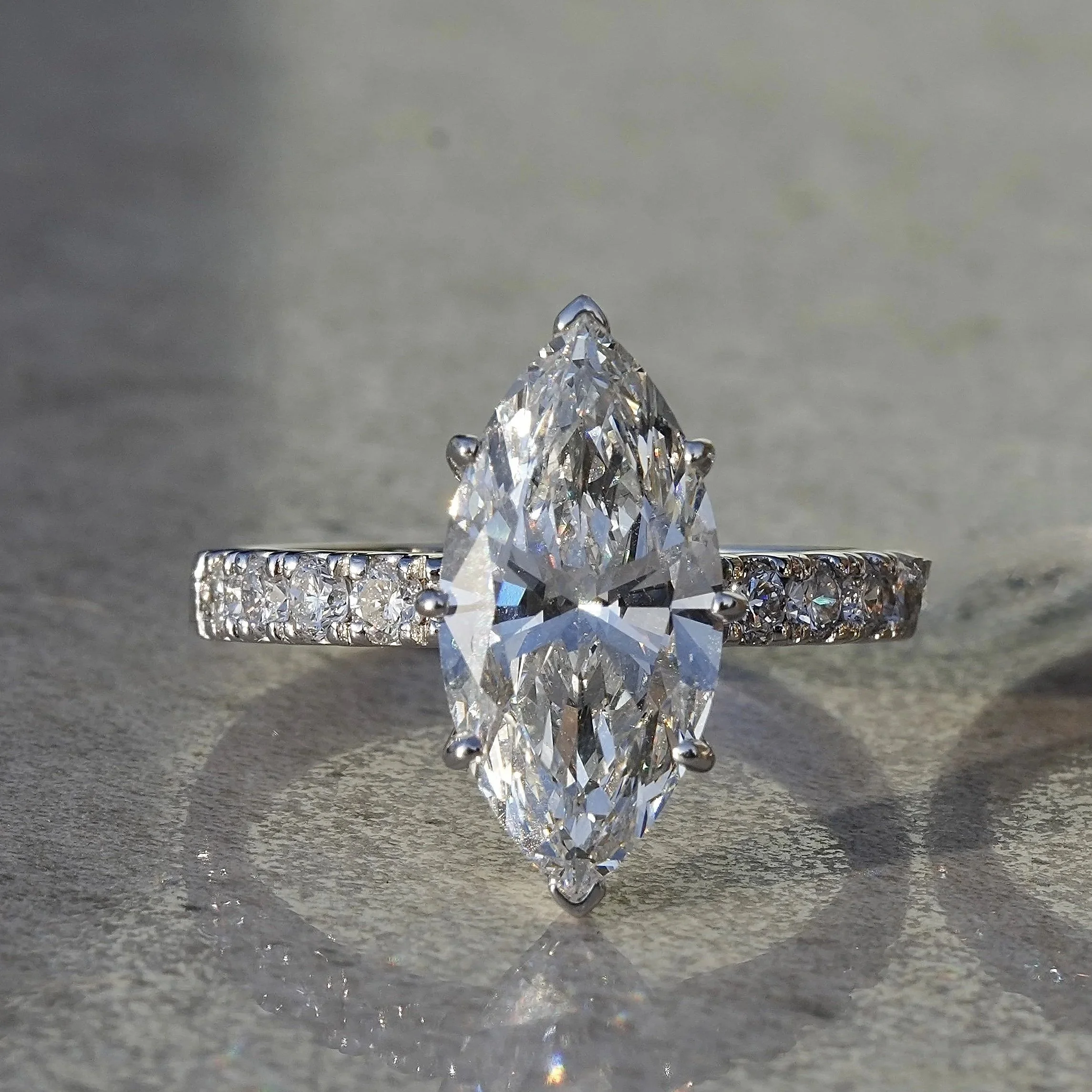 3ct Marquise Cut Diamond Engagement Ring with Diamond Band in 18ct White Gold – Side View | Eighty8Diamonds