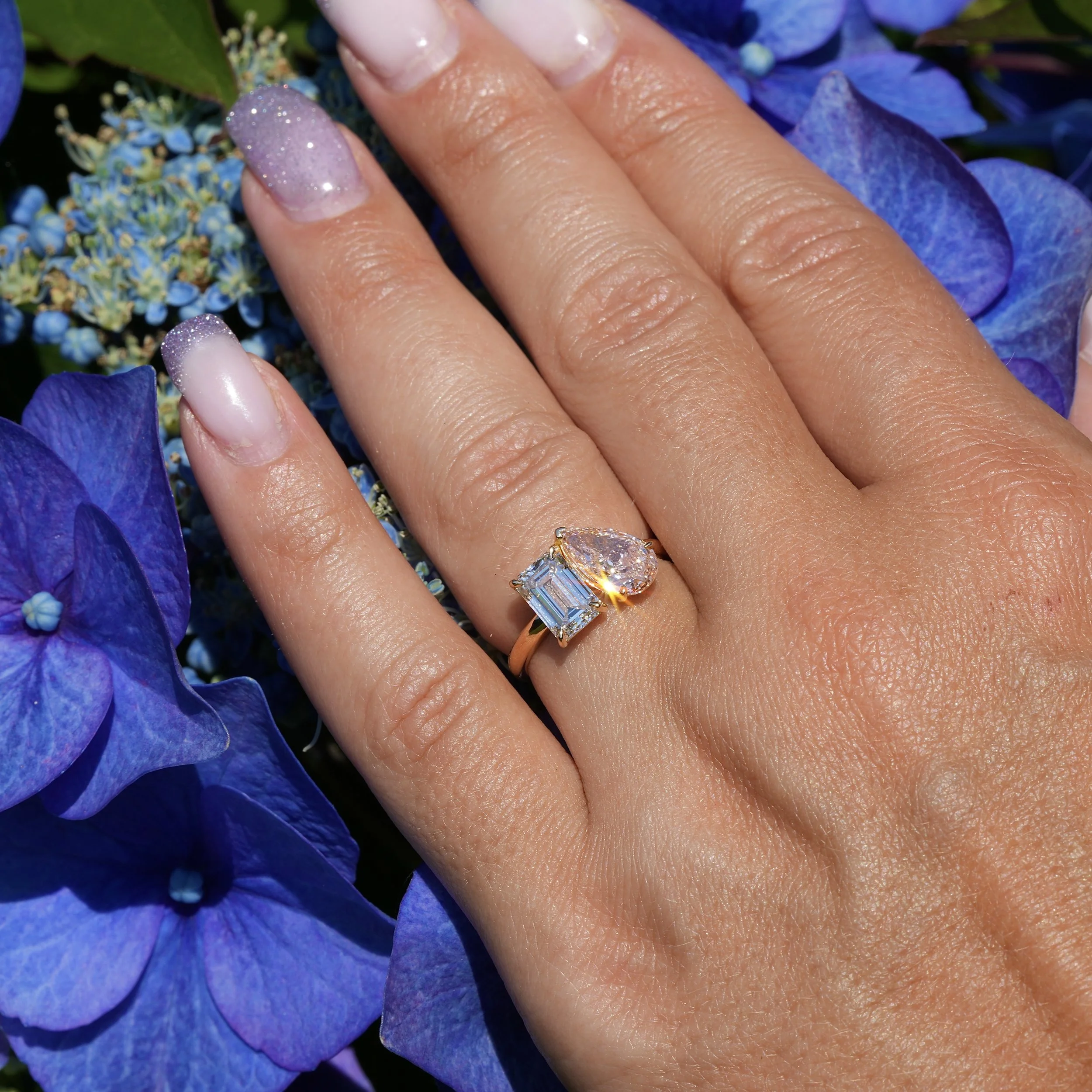 Toi et Moi Ring with 1.5ct Fancy Intense Pink Pear Cut Diamond and 1.5ct Emerald Cut Diamond in 18ct Yellow Gold, Total Carat Weight 3ct – Box View | Eighty8Diamonds