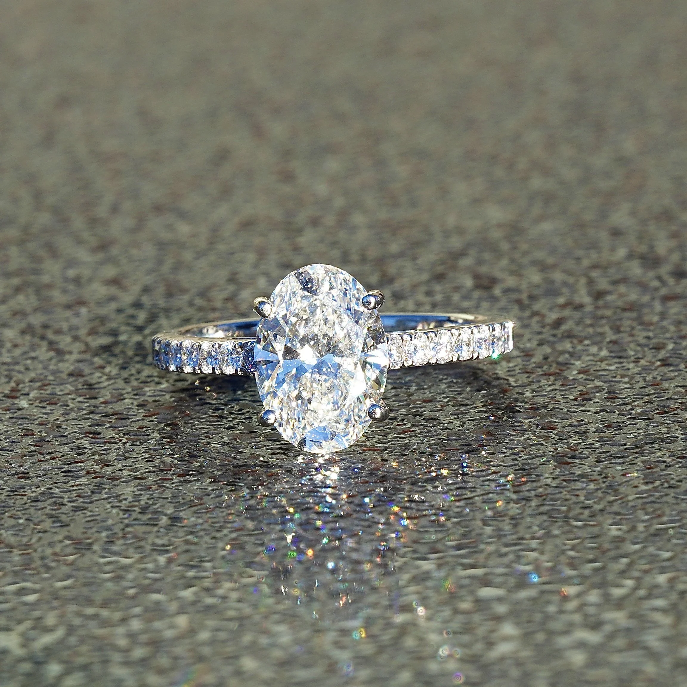 2ct Oval Cut Diamond Engagement Ring with Diamond Band in 18ct White Gold – Front View | Eighty8Diamonds