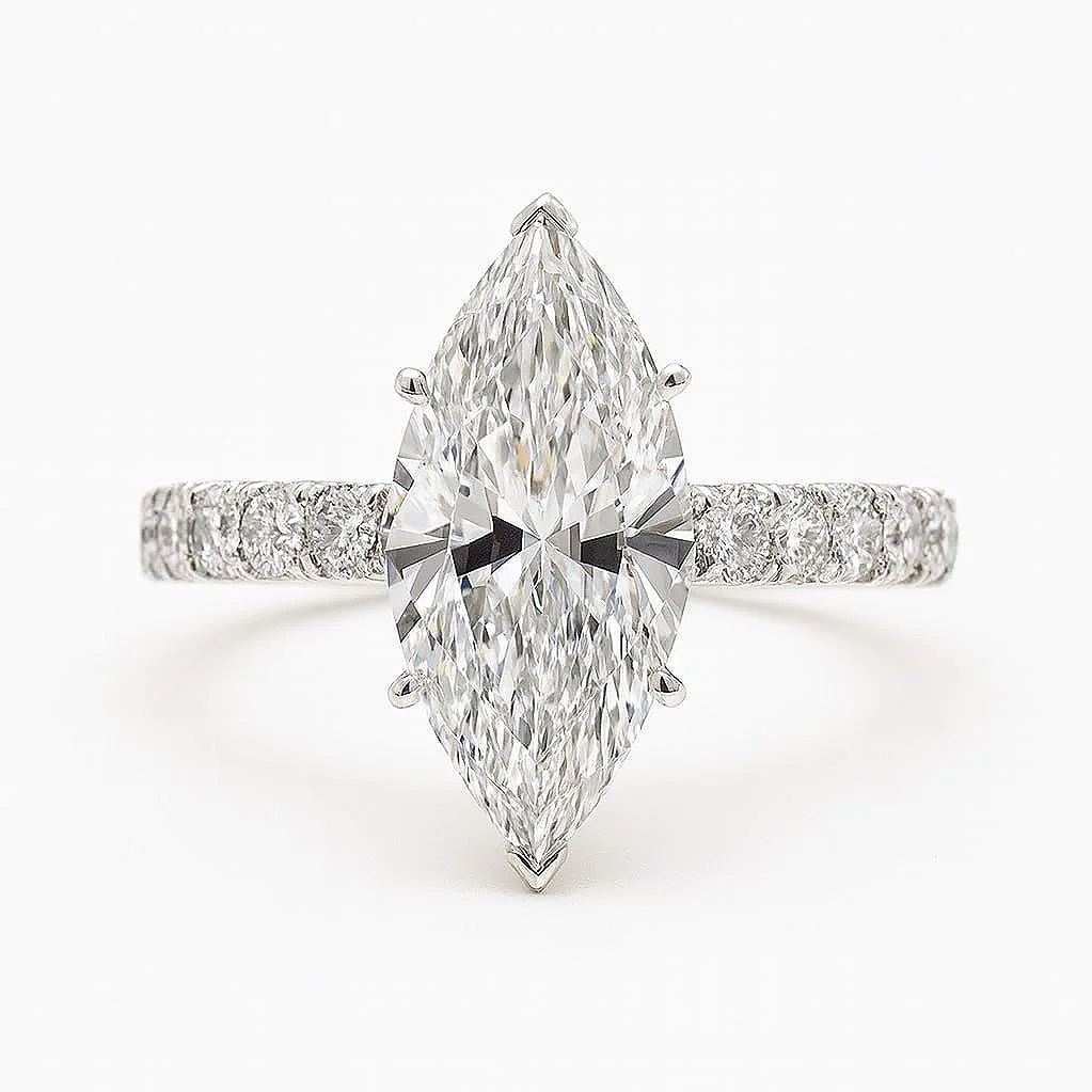 3ct Marquise Cut Diamond Engagement Ring with Diamond Band in 18ct White Gold – Angled View | Eighty8Diamonds