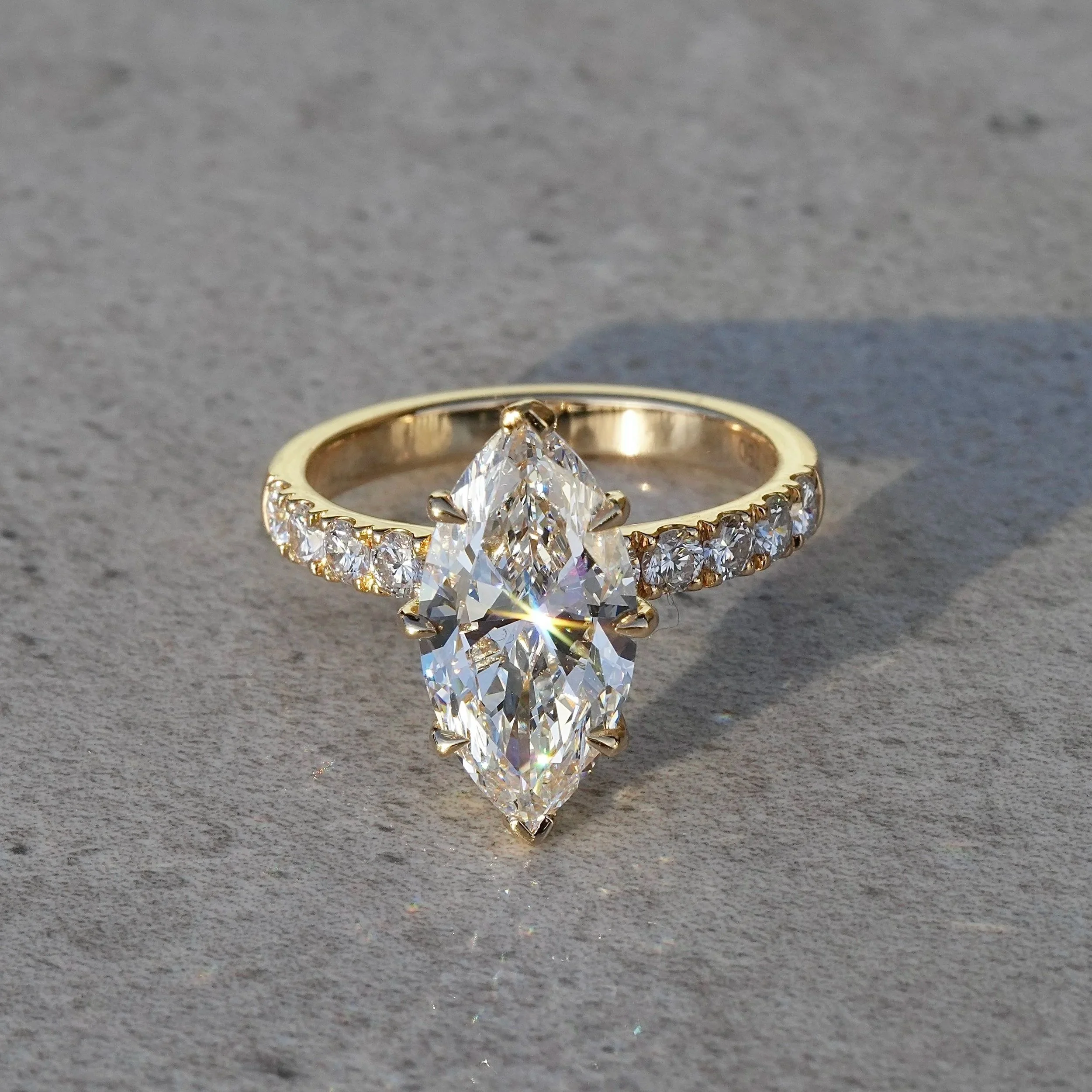 3ct Marquise Cut Diamond Engagement Ring with Diamond Band in 18ct Yellow Gold – Front View | Eighty8Diamonds