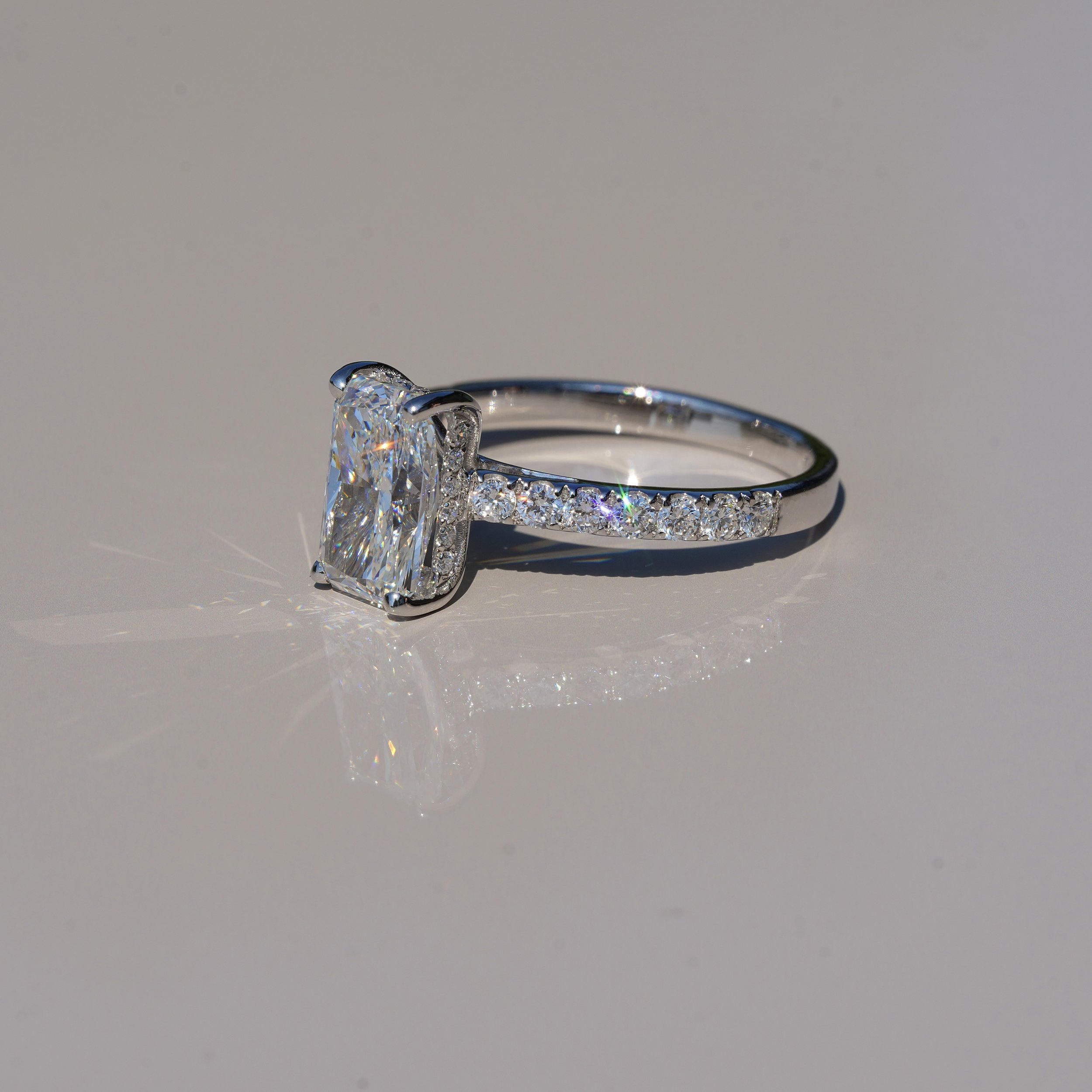 2ct Radiant Cut Diamond Engagement Ring with Diamond Band in 18ct White Gold, Total Carat Weight 2.5ct –Back View | Eighty8Diamonds