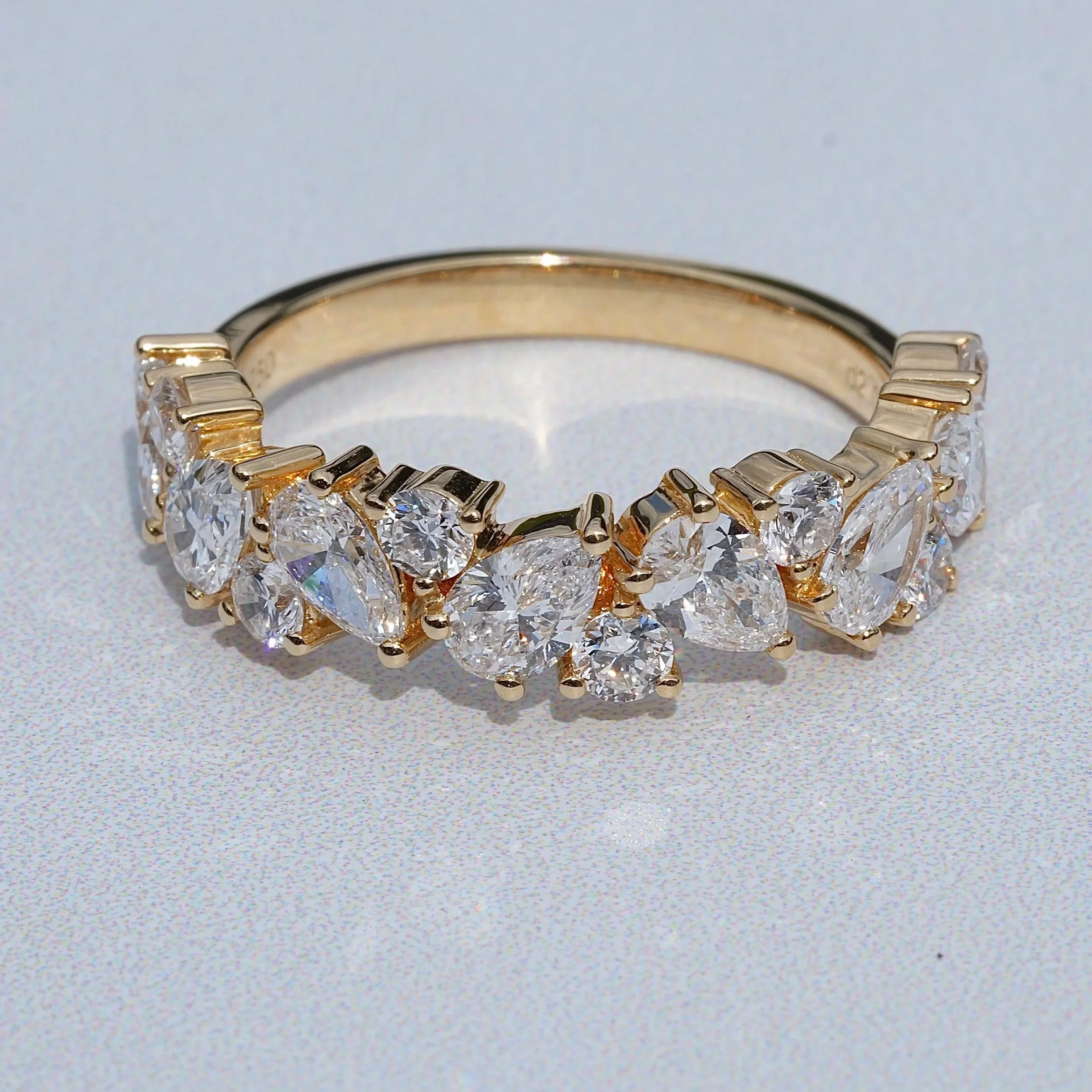 Half Eternity Wedding Ring with Pear and Round Cut Diamonds in 18ct Yellow Gold, Total Carat Weight 2ct – Side View | Eighty8Diamonds