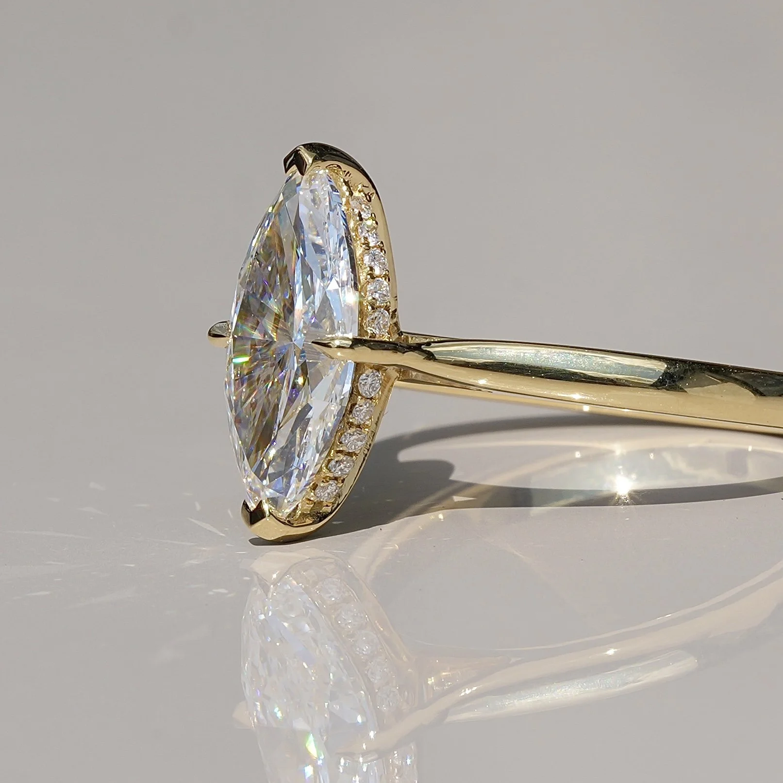 3ct Marquise Cut Diamond Solitaire Engagement Ring with Hidden Halo  in 18ct Yellow Gold – Back View | Eighty8Diamonds