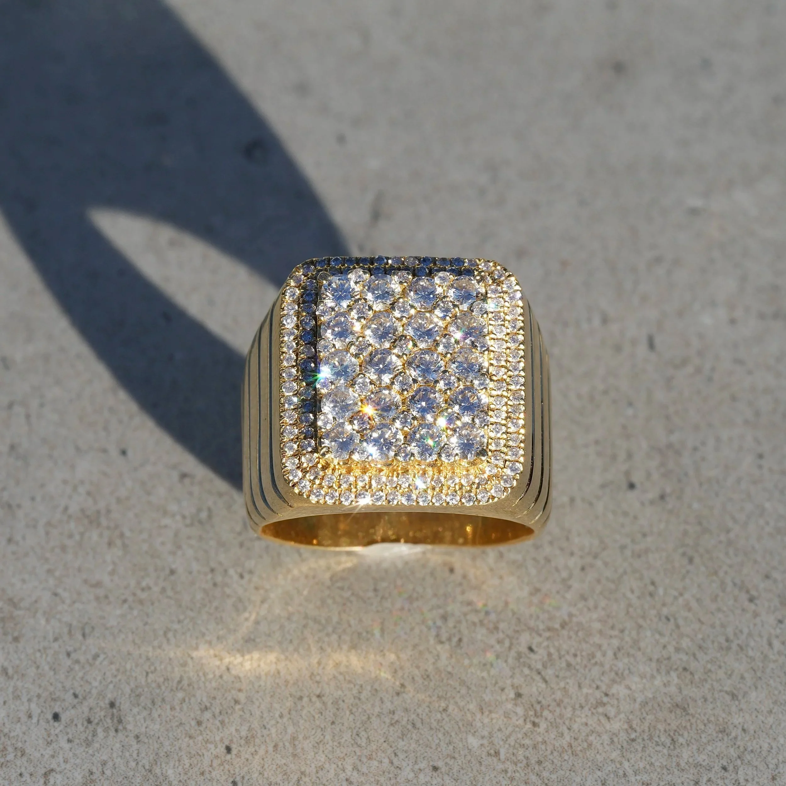 Men's Pave Diamond Square Ring in 18ct Yellow Gold with 2.60ct Natural Diamonds – Box View | Eighty8Diamonds