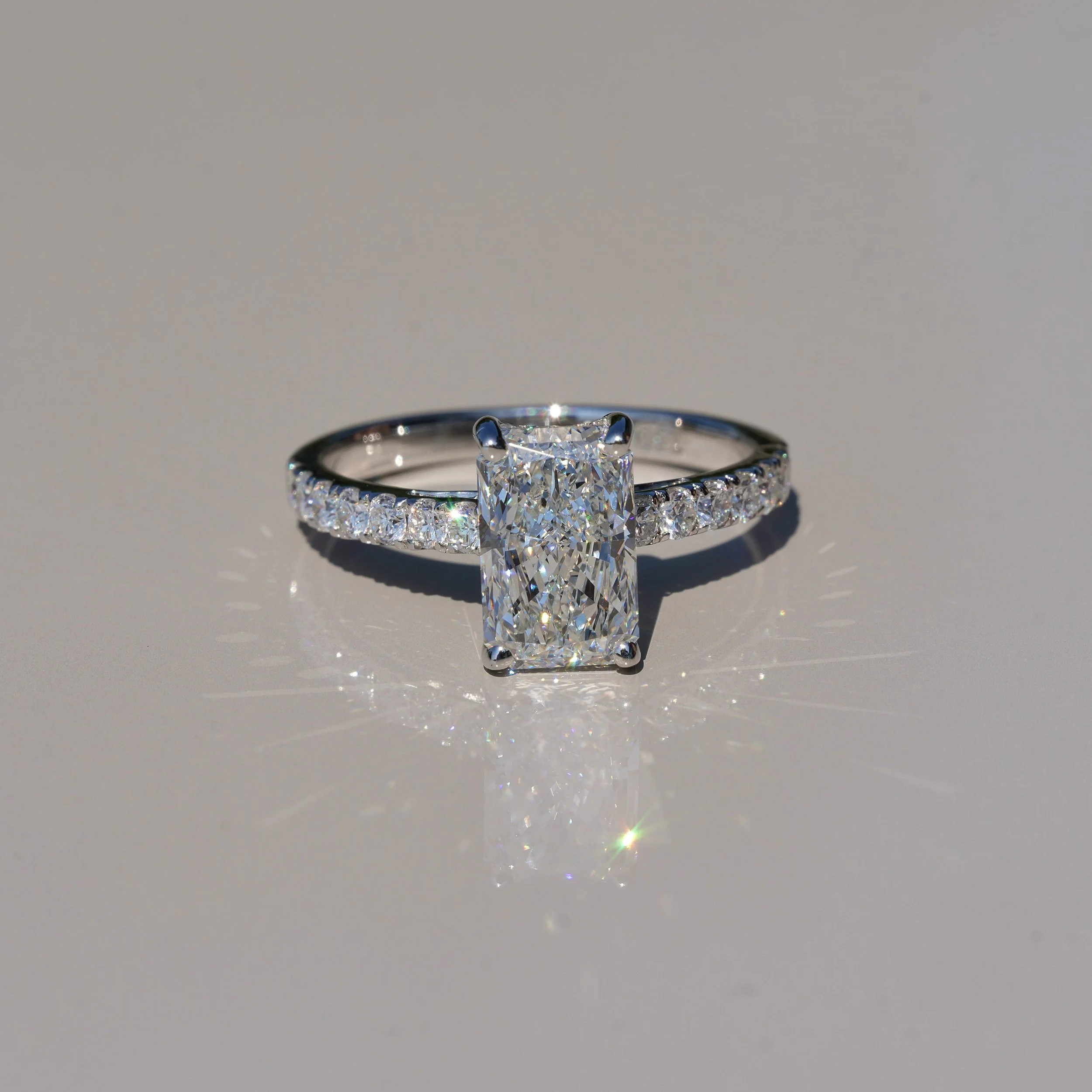 2ct Radiant Cut Diamond Engagement Ring with Diamond Band in 18ct White Gold, Total Carat Weight 2.5ct –Front View | Eighty8Diamonds
