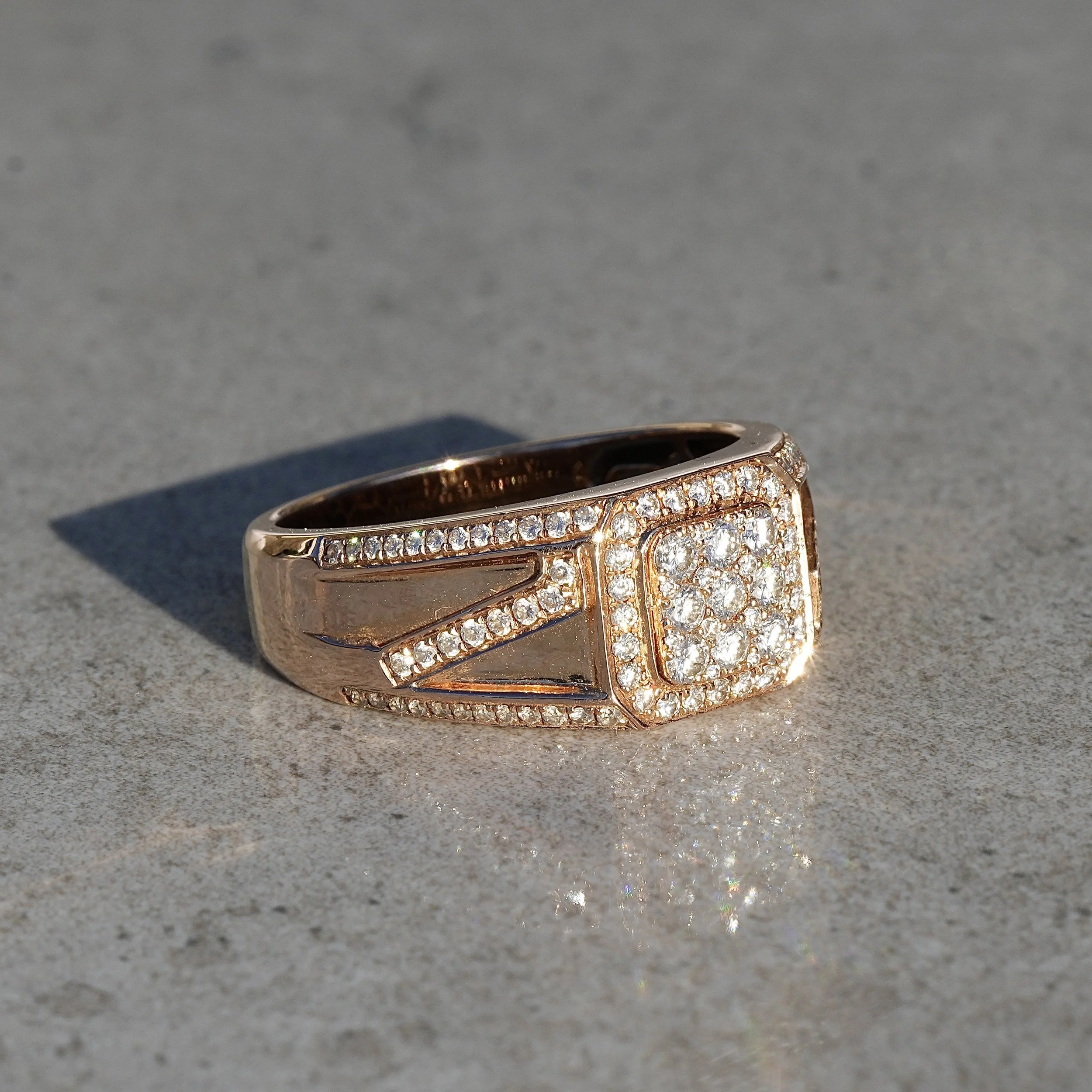 Men's Pave Diamond Rose Gold Ring in 18ct Rose Gold with 1.00ct Natural Diamonds –Angeled View | Eighty8Diamonds