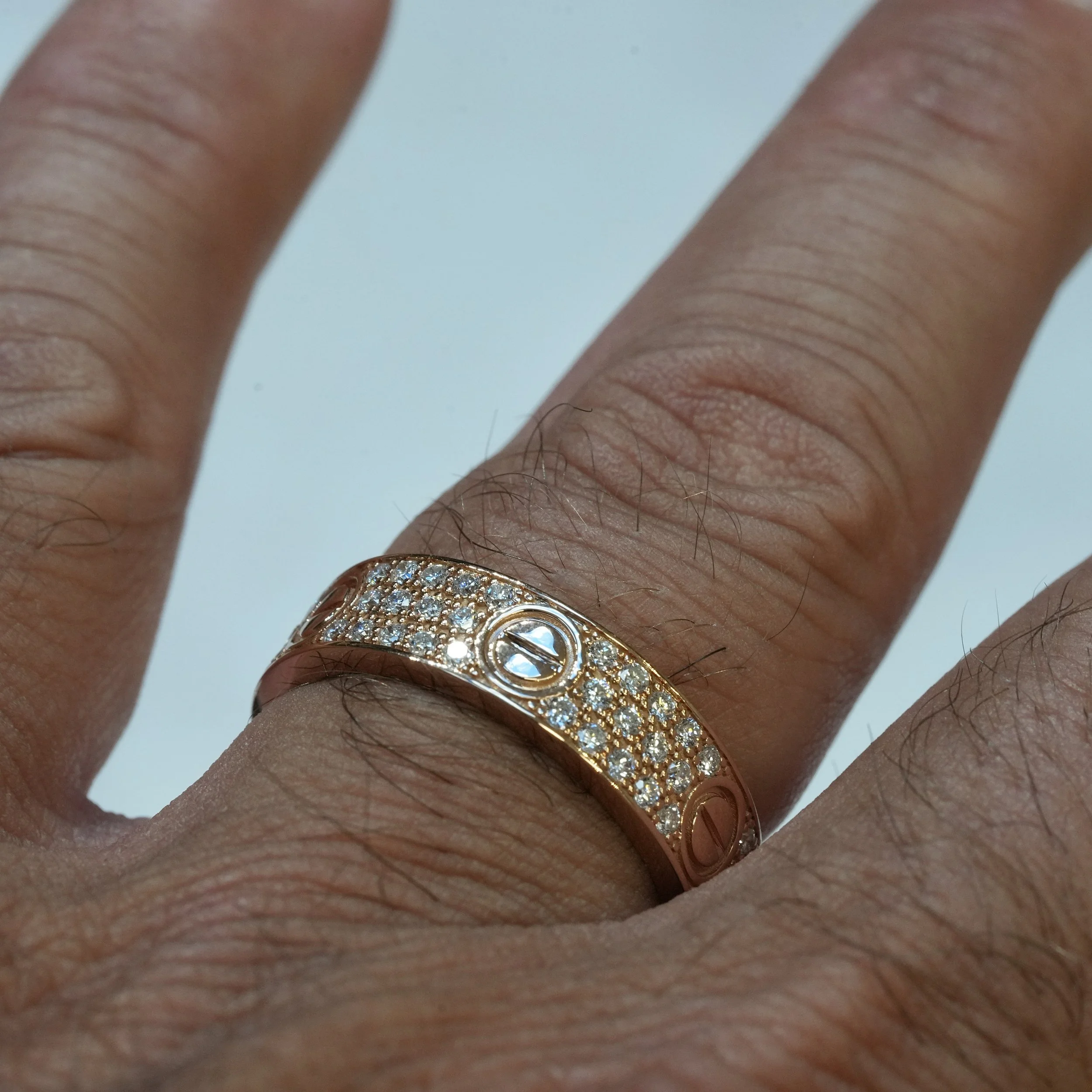 Men's Love Design Pave Classic Model Ring in 18ct Rose Gold with 0.90ct Lab Grown Diamonds –Hand View | Eighty8Diamonds