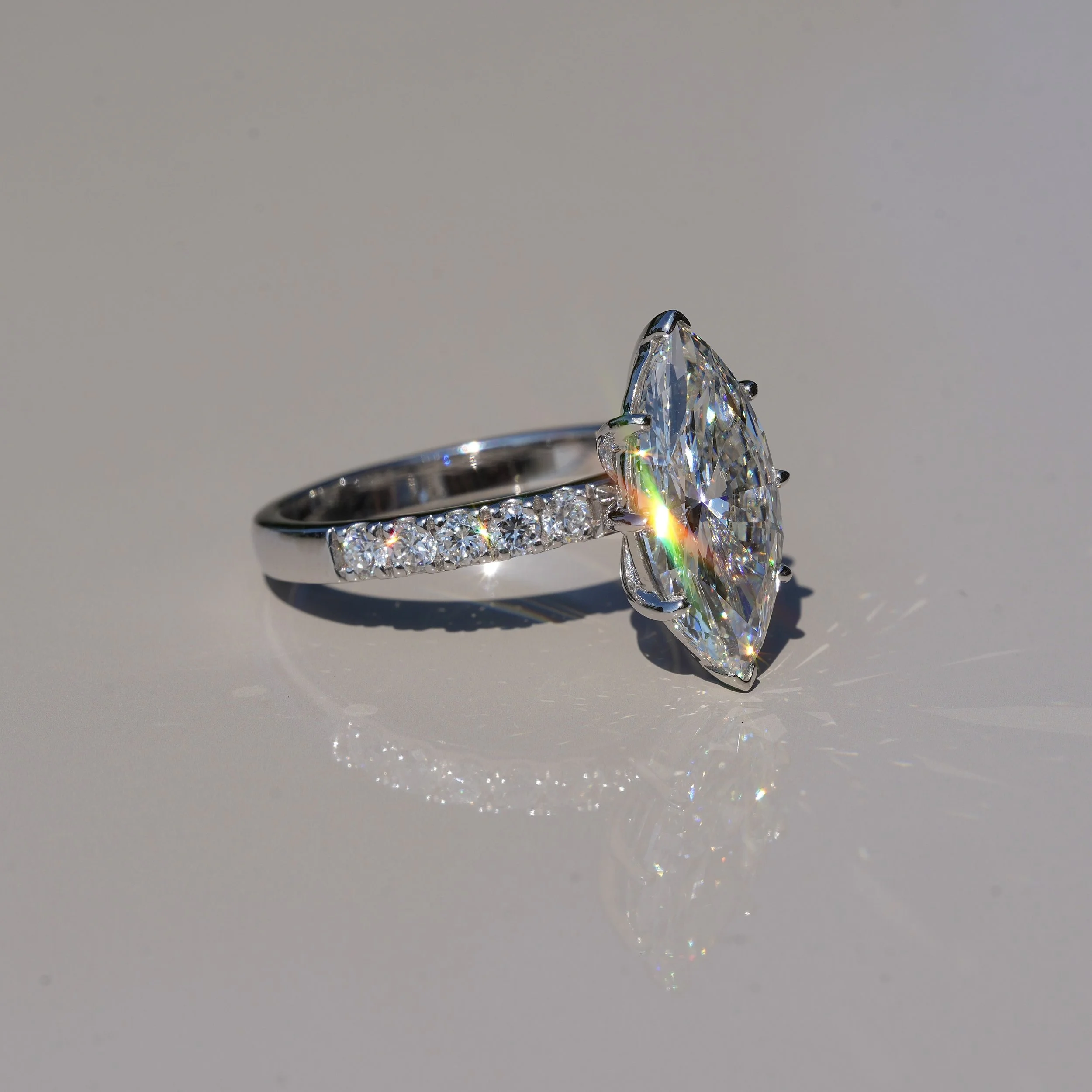 3ct Marquise Cut Diamond Engagement Ring with Diamond Band in 18ct White Gold – Back View | Eighty8Diamonds