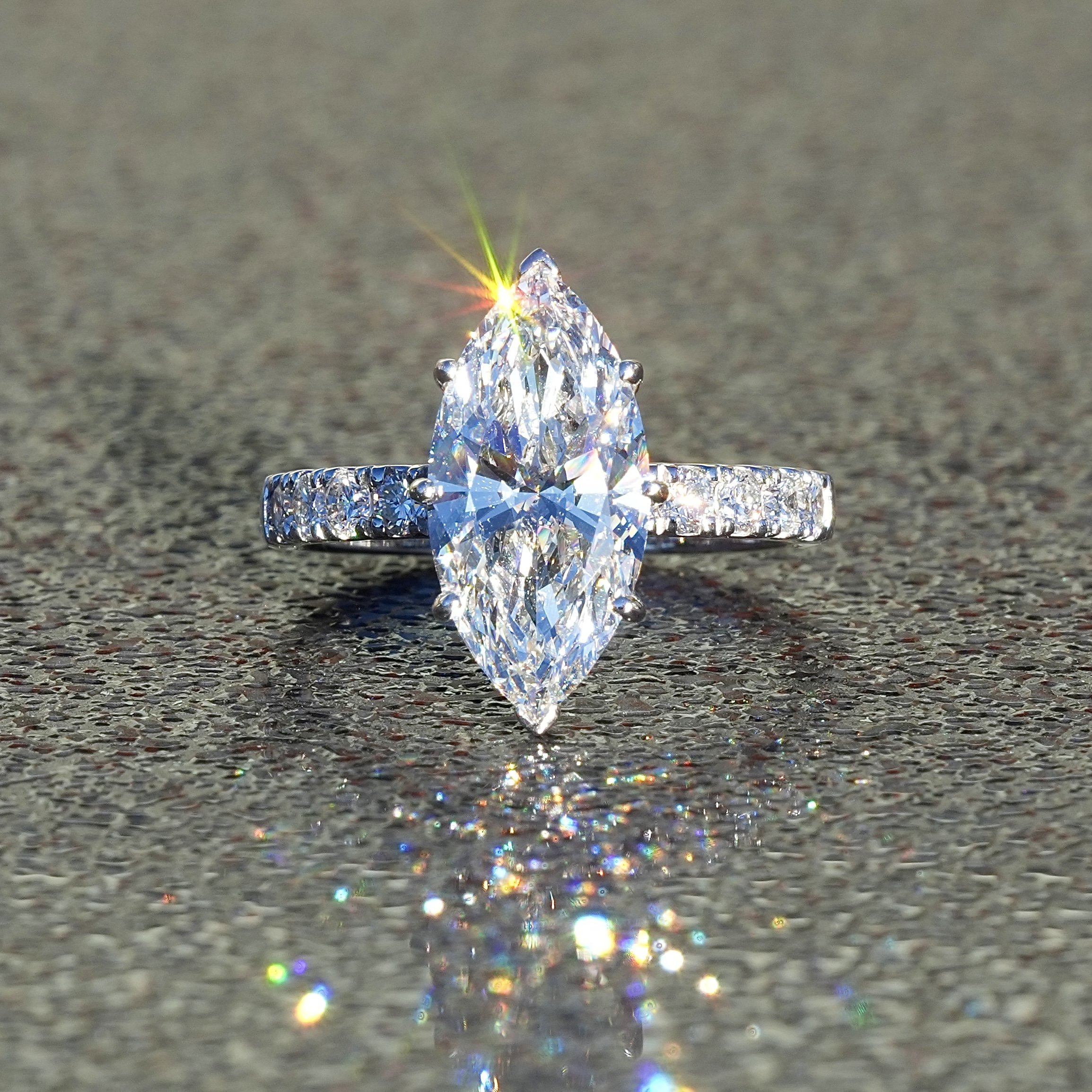 3ct Marquise Cut Diamond Engagement Ring with Diamond Band in 18ct White Gold – Front View | Eighty8Diamonds