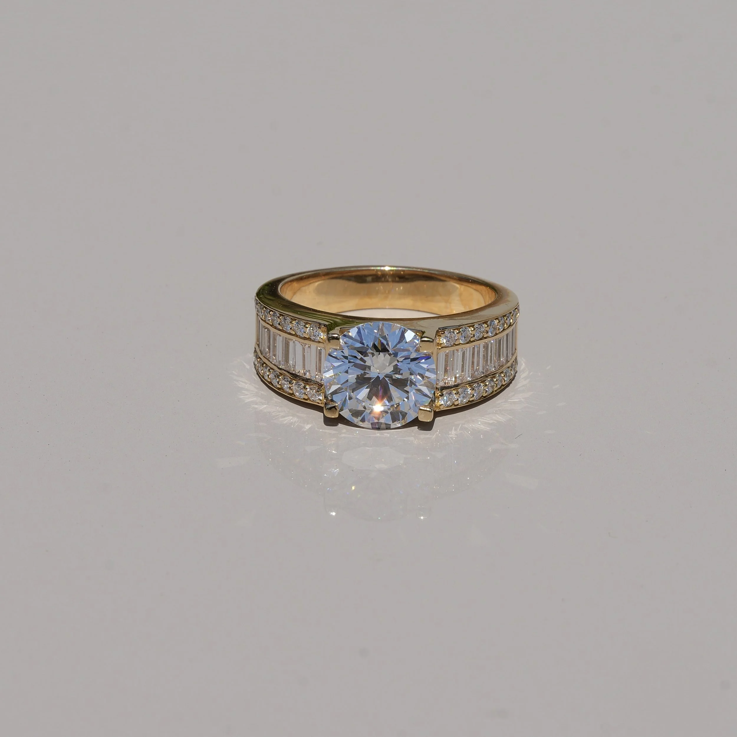 Men's Diamond Ring with Baguette and Pave Shoulders 18ct Yellow Gold with 6.8ct Diamond, IGI Certified –Angeled View | Eighty8Diamonds