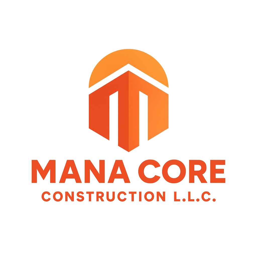 Logo for MANACORE Construction LLC featuring a stylized orange house roof and the company name in bold orange text.