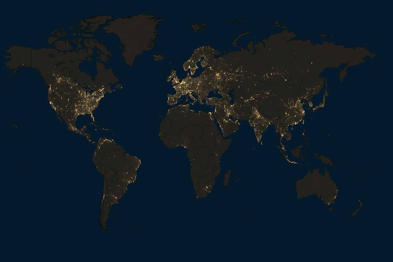 A world map at night showing illuminated cities across North America, Europe, Asia, and parts of Africa and Australia, with dark oceans and unlit regions.