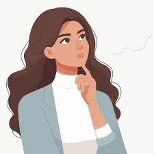 Illustration of a thoughtful woman with long wavy hair, dressed in a light blue blazer and white top, holding her chin.