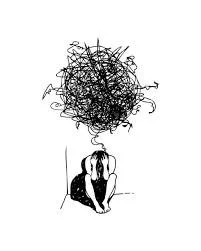 Black and white illustration of a person sitting with knees pulled to chest, head down, hair obscuring face, and a chaotic scribble above.