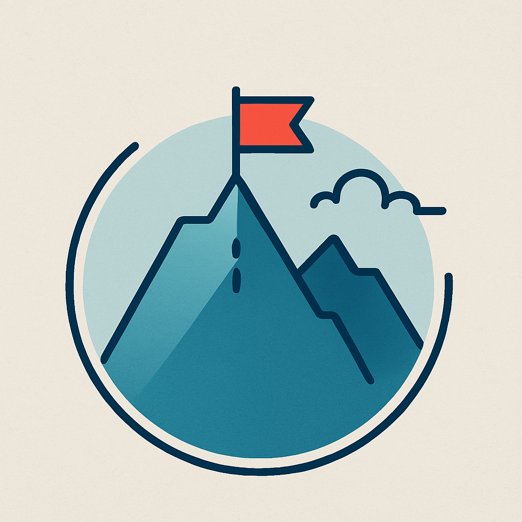 Illustration of a mountain with a trail leading to a peak with a red flag on top, clouds in the background, and a circular border.