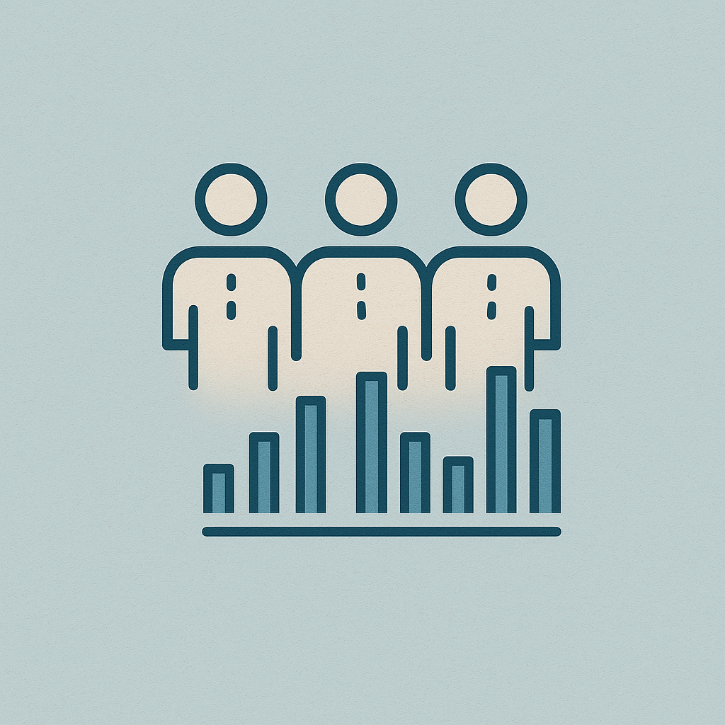 Graphic illustration of three people standing in front of a bar chart.