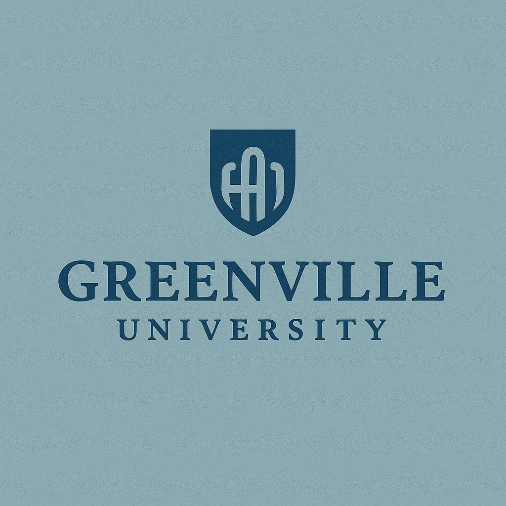 Greenville University logo with shield emblem and university name in blue on a light blue background.