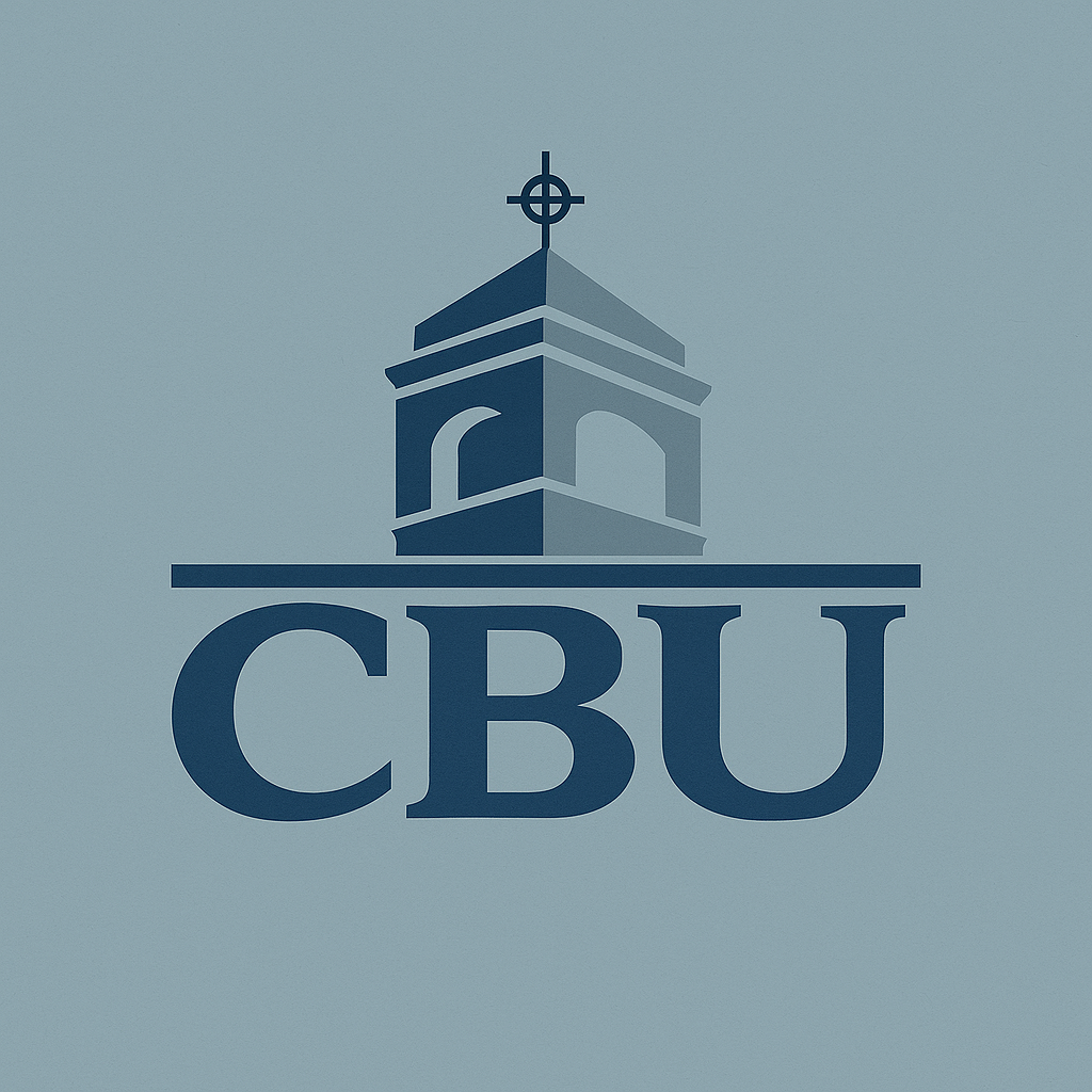 Graphic logo of CBU with a stylized bell tower or clock tower above the letters 'CBU' on a light blue background.
