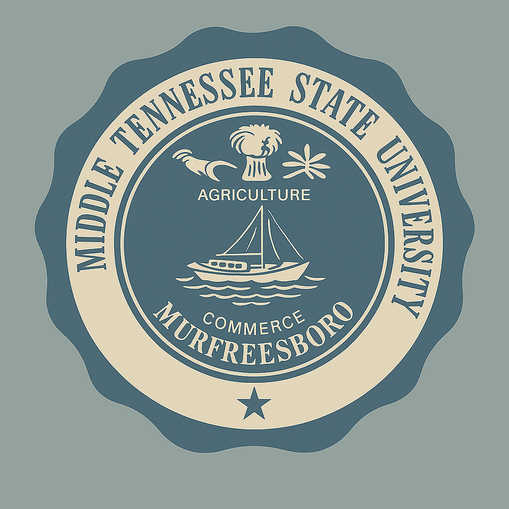 Seal for Middle Tennessee State University, Murfreesboro, featuring a boat, a flower, a rooster, and the words Agriculture and Commerce.