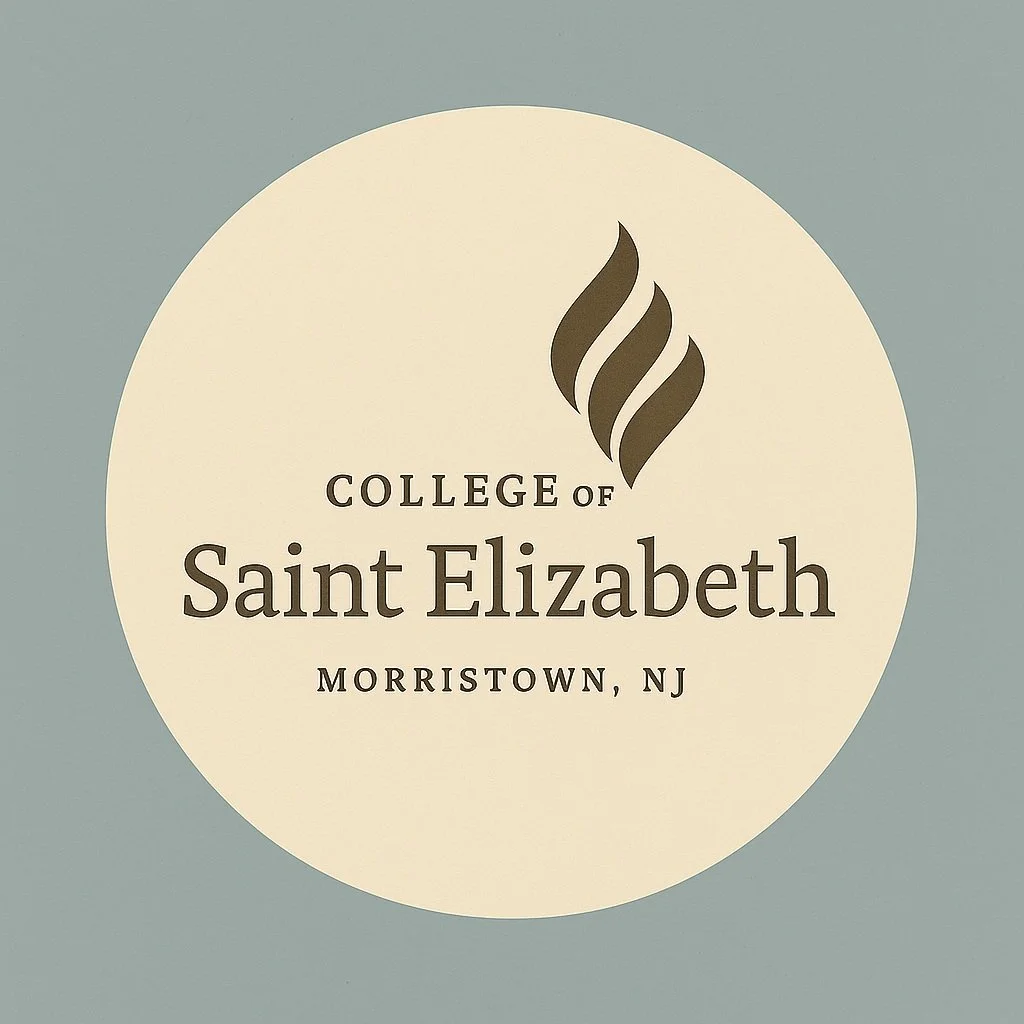 Logo for College of Saint Elizabeth, located in Morristown, New Jersey, featuring a stylized flame symbol and text in a circular design.