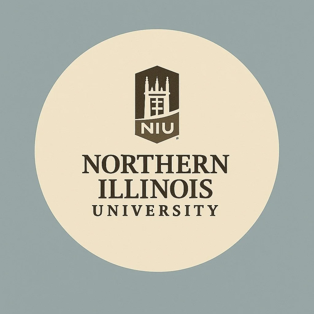 Logo of Northern Illinois University with a bridge and tower graphic in black and white, on a light background.
