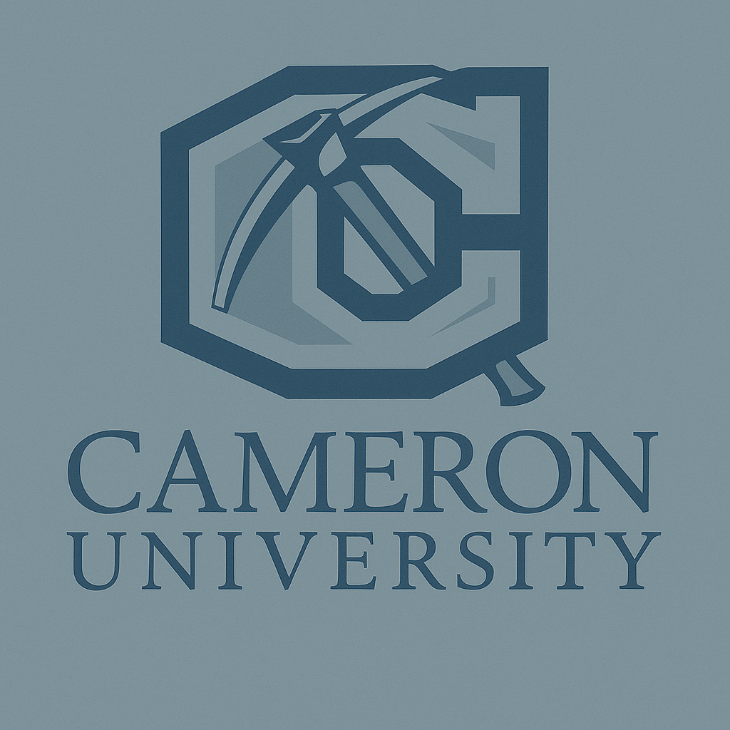 Cameron University logo featuring a pickaxe inside a hexagon with the university name below.