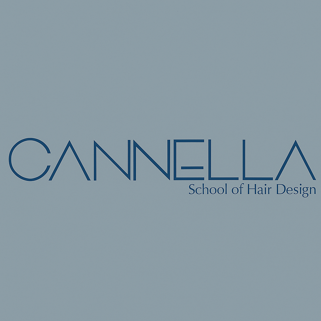 Sign for CANNELLA School of Hair Design with blue text on a light background.