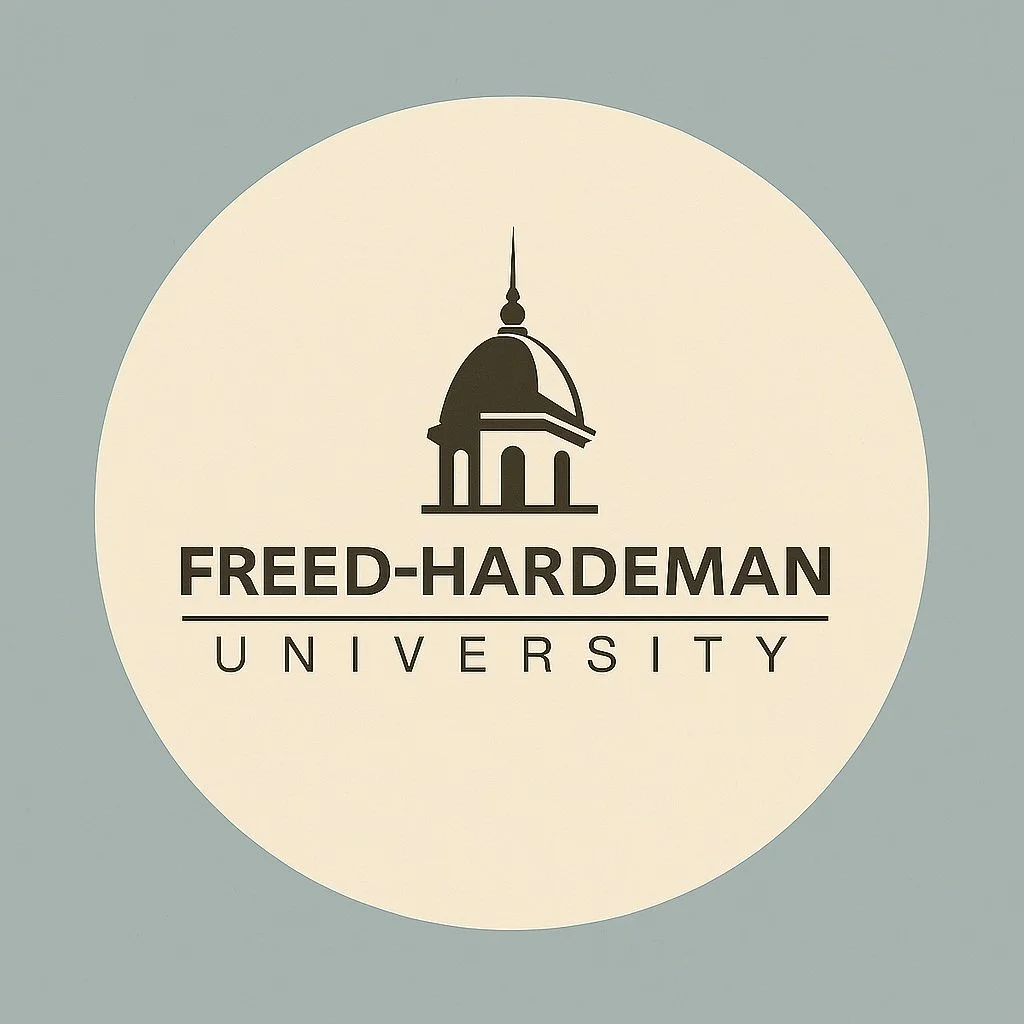 Logo of Freed-Hardeman University featuring a building with a dome and a spire