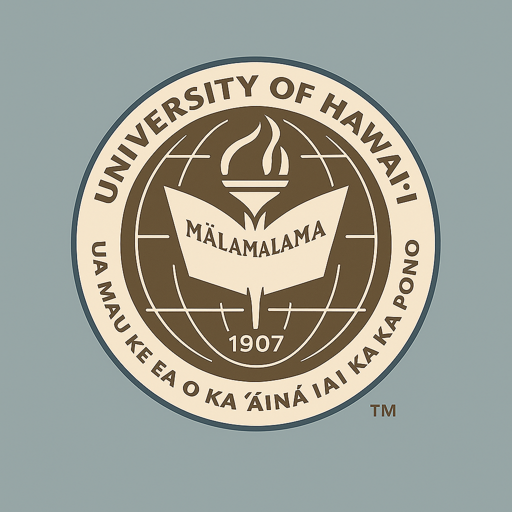 Seal of the University of Hawaii, featuring a torch and book with the word 'Mälama' and the year 1907, with text in Hawaiian and English.