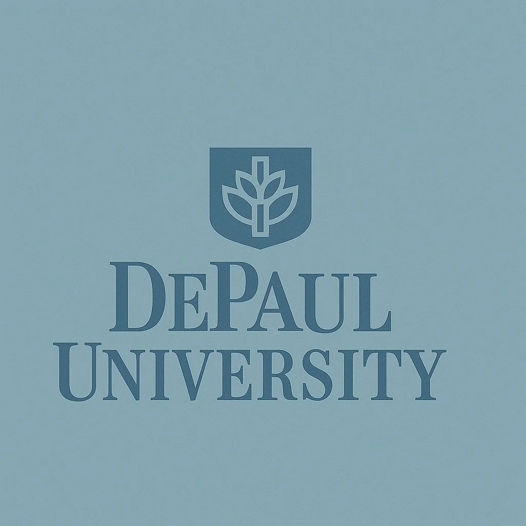 DePaul University logo with a leaf crest and the university name in blue text on a light blue background.