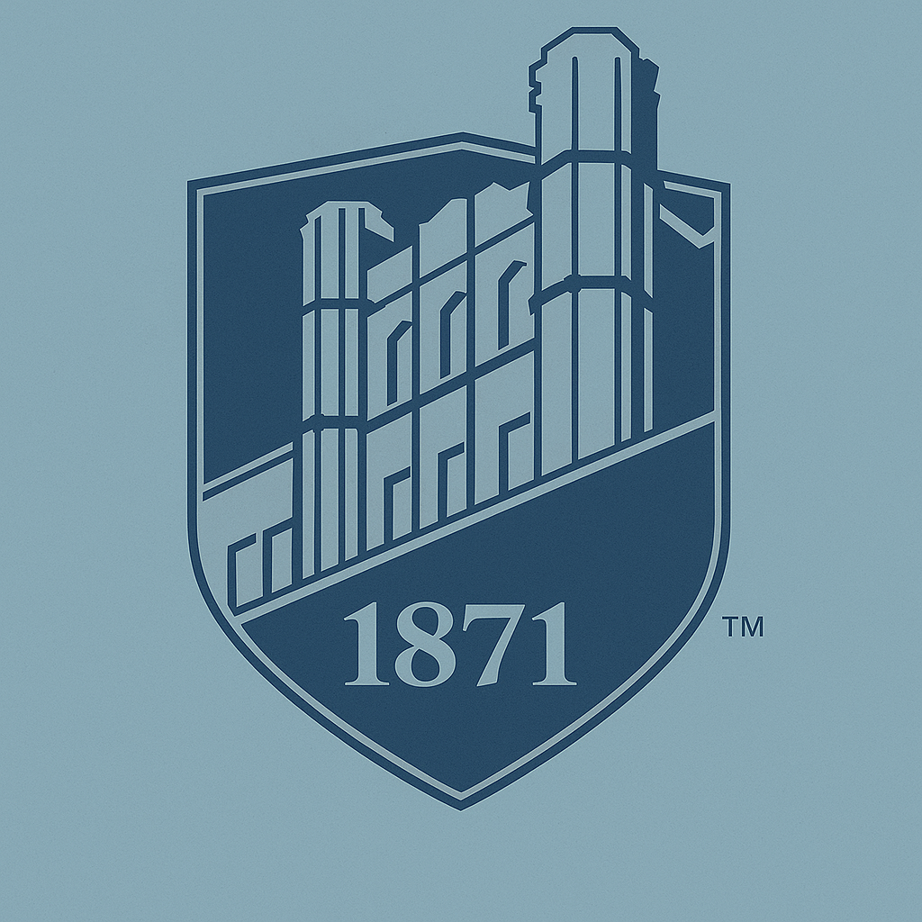 A blue and white logo with a number and the year 1871, featuring a stylized city skyline with tall buildings.