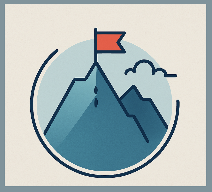 Illustration of a mountain with a red flag at the summit, a dotted trail, and a second mountain in the background, with mountains and clouds in a circular frame.