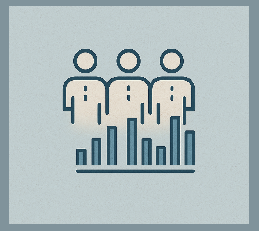 Icon of three people standing in front of a bar chart.