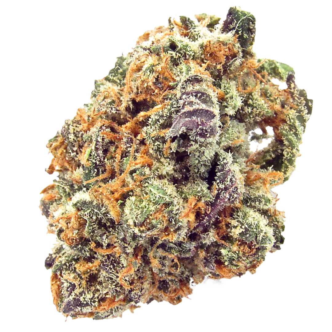Close-up of a frosty cannabis marijuana bud with orange hairs and green leaves.