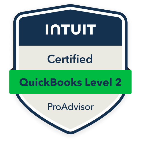 A badge-shaped icon with a dark blue top section, a white middle, and a green banner. The top section says "INTUIT" in white, the middle says "Certified," and the green banner across the middle says "QuickBooks Level 2" in dark green letters. The bottom section says "ProAdvisor."