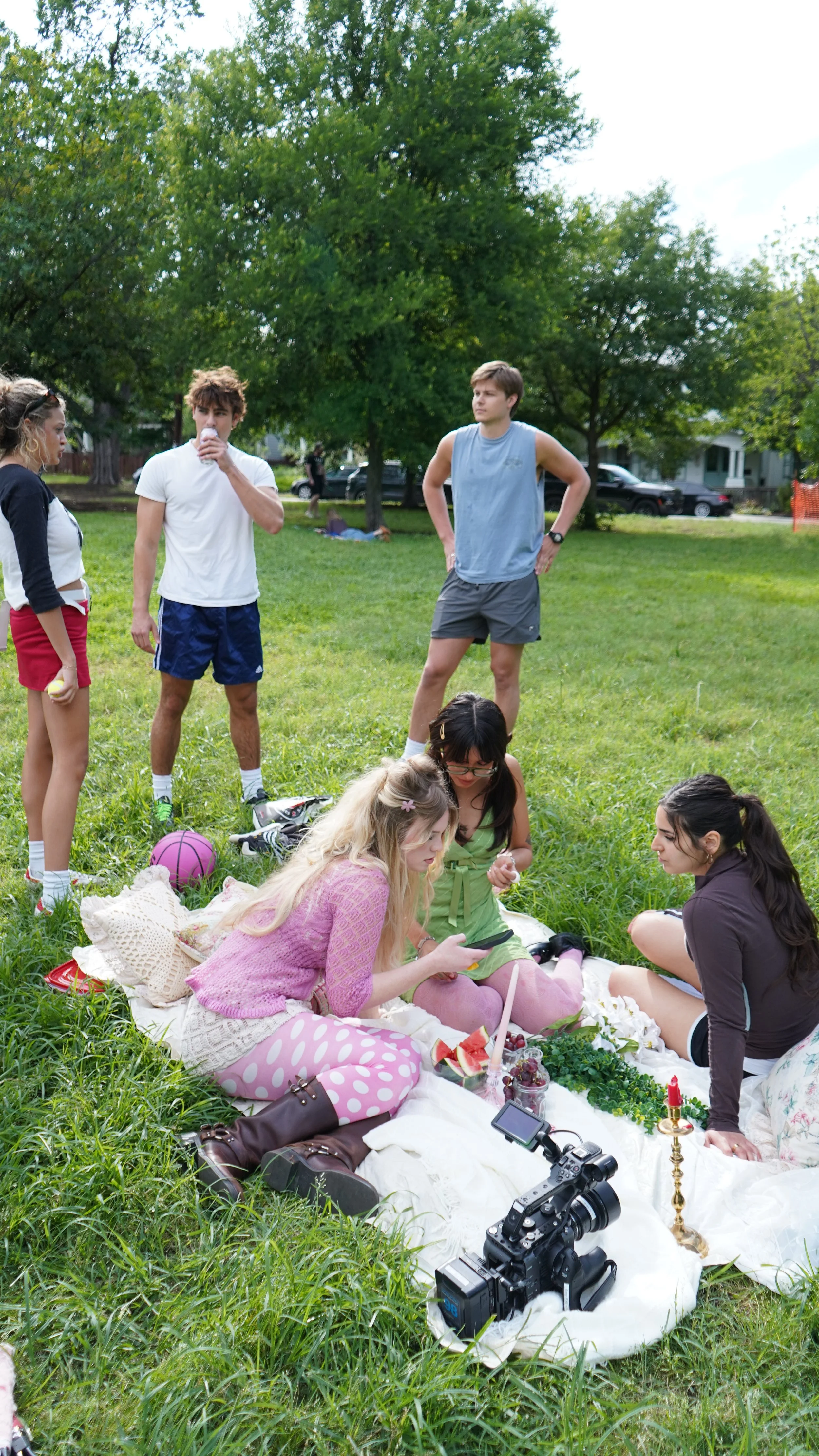 Group of young people having a picnic on a blanket in a park with trees and houses in the background. Some are sitting on the blanket, others standing around. Items like a camera, watermelon slices, and drinks are on the blanket.