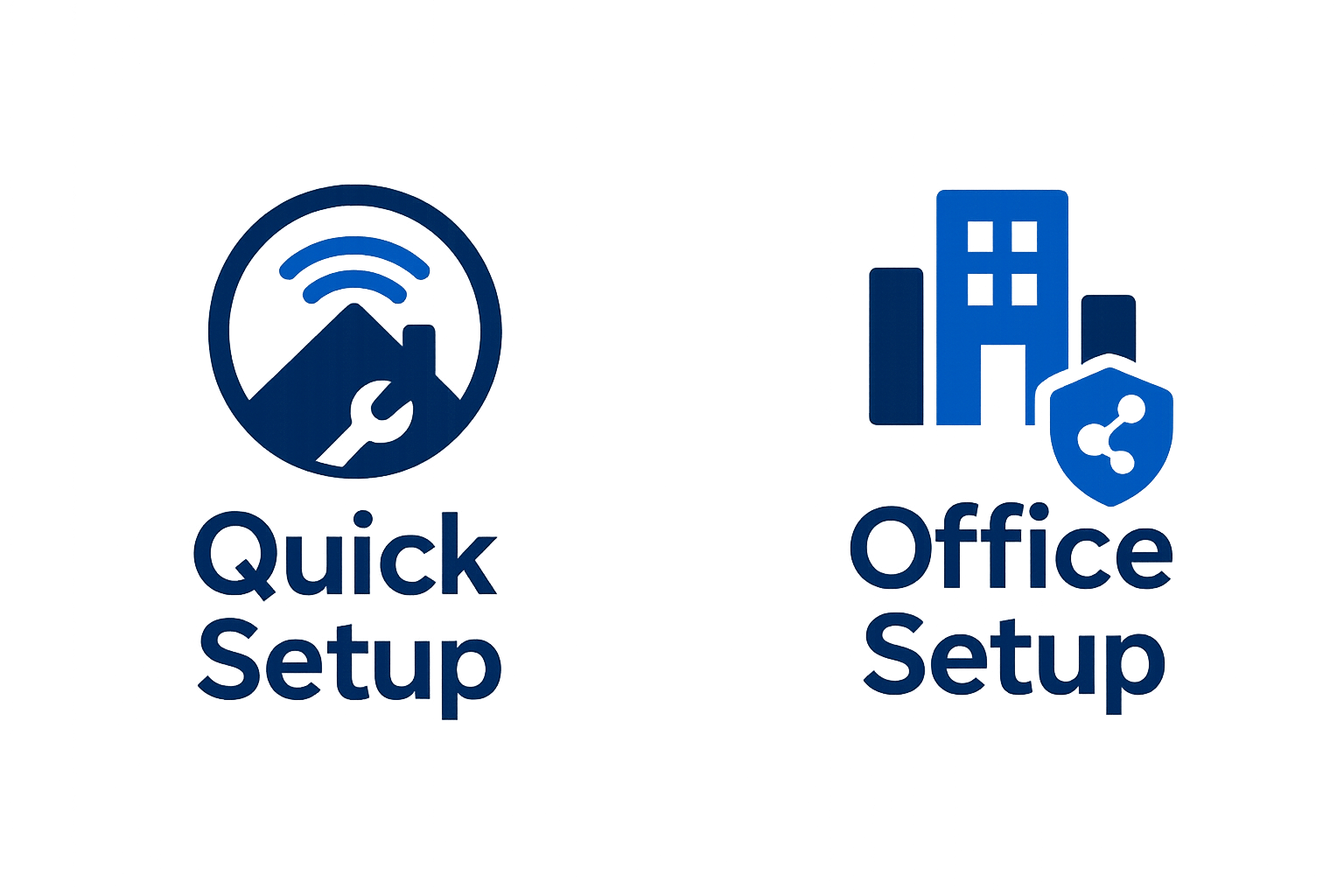 Icons representing Quick Setup and Office Setup with shield symbols and office building graphics, both in blue color.